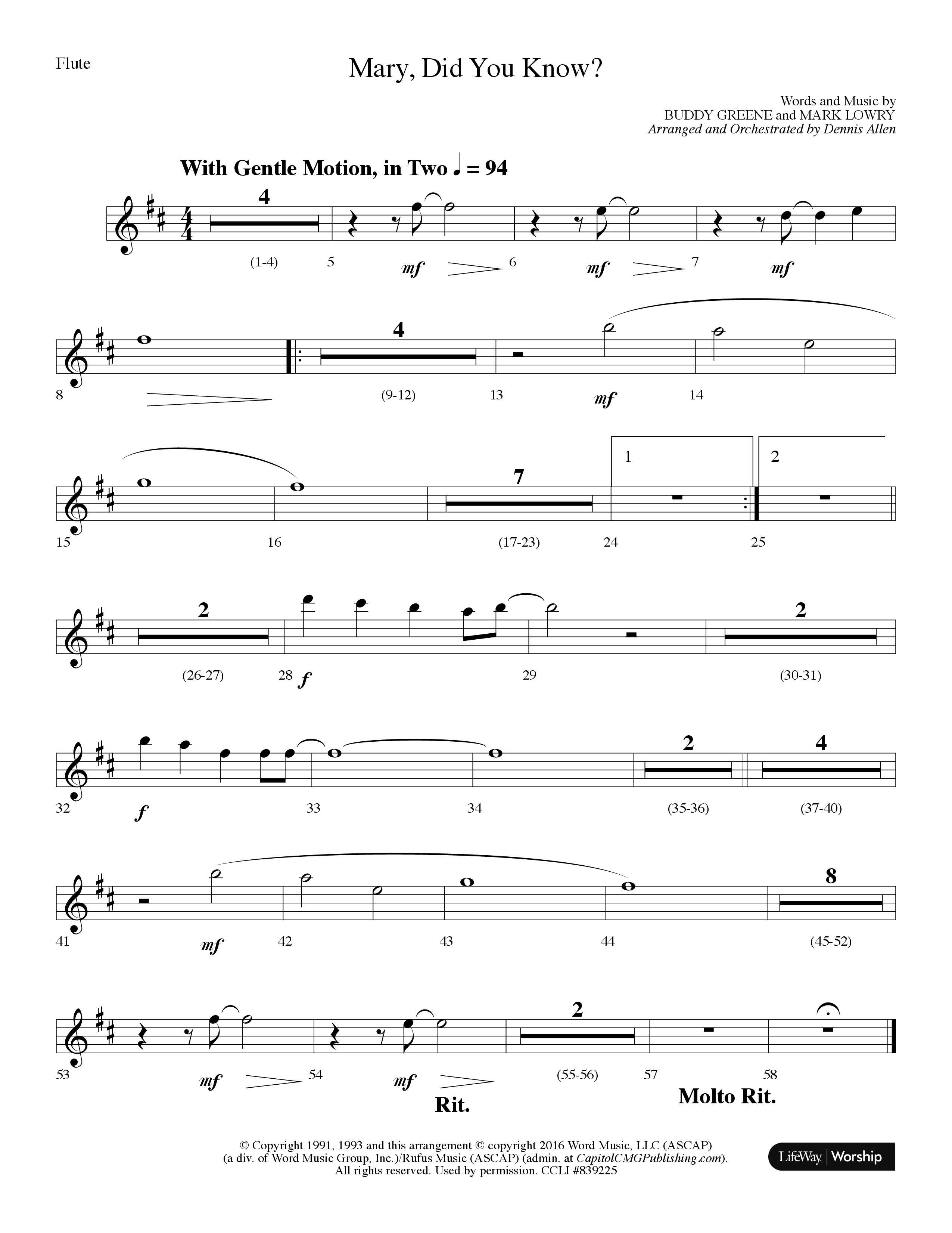 Mary Did You Know Choral Anthem SATB Flute (Lifeway Choral / Arr. Dennis Allen)