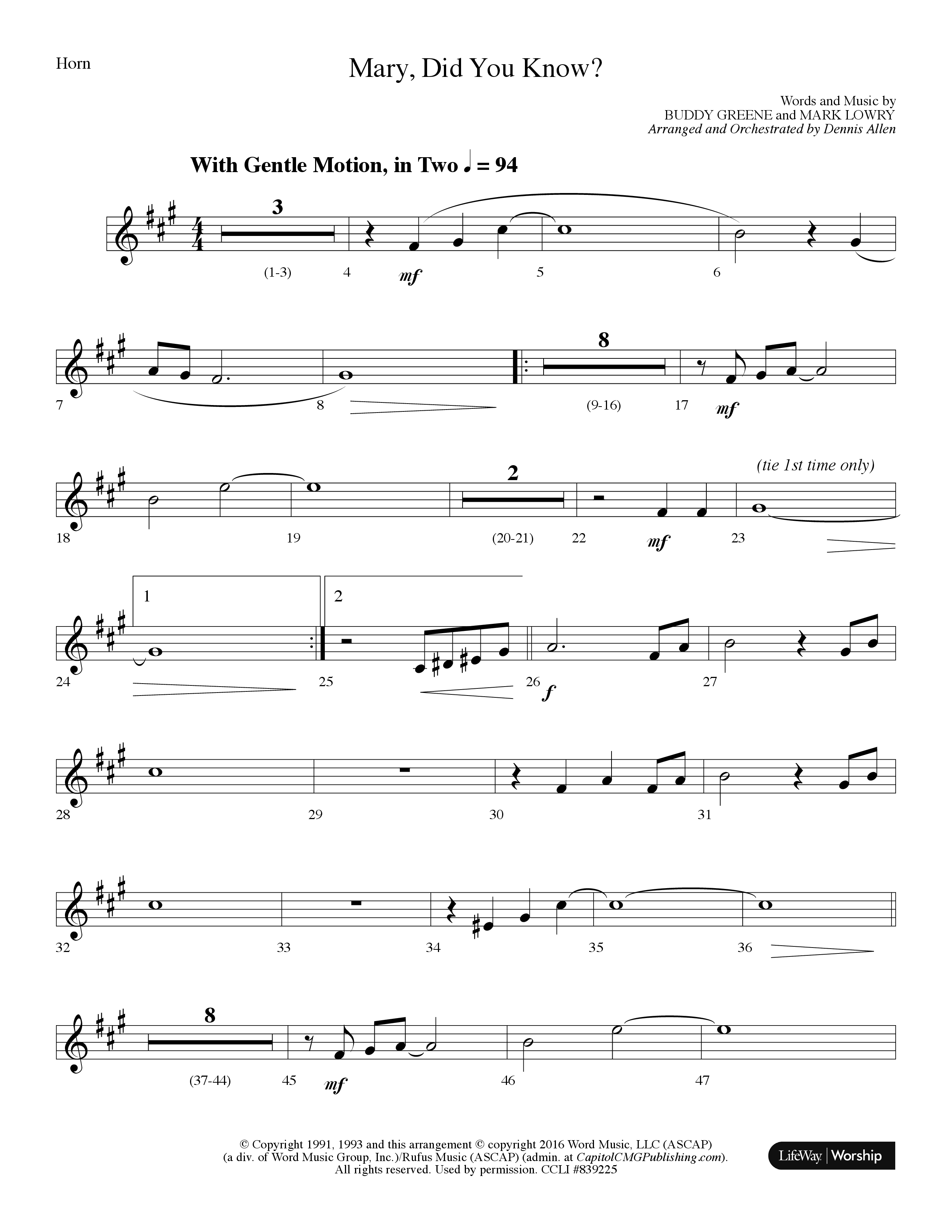 Mary Did You Know Choral Anthem SATB French Horn (Lifeway Choral / Arr. Dennis Allen)