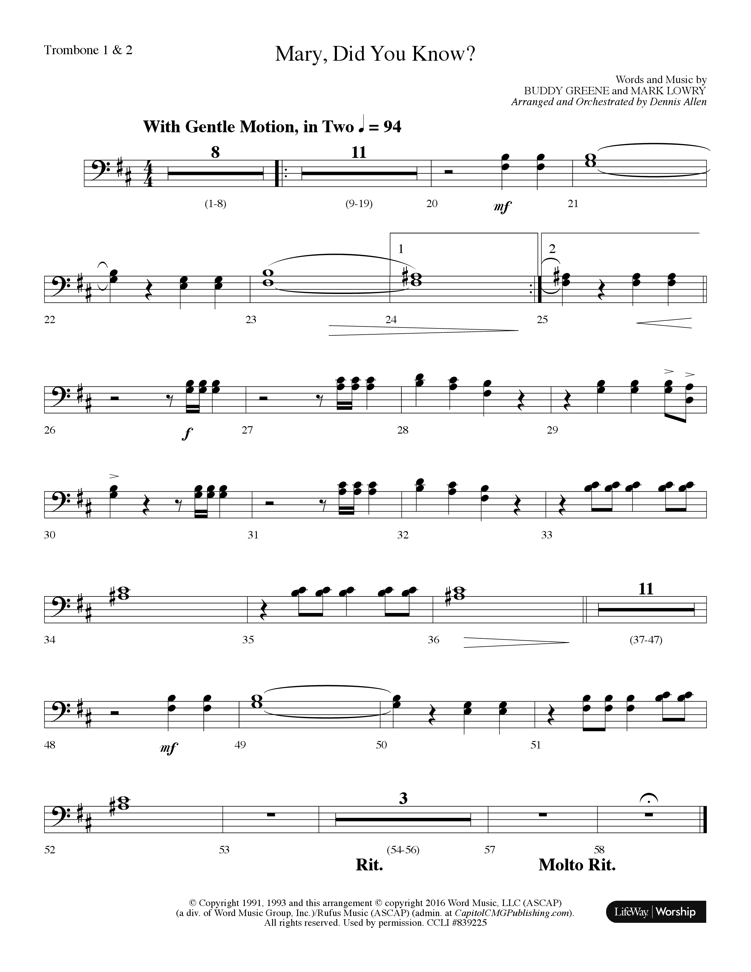 Mary Did You Know Choral Anthem SATB Trombone 1/2 (Lifeway Choral / Arr. Dennis Allen)