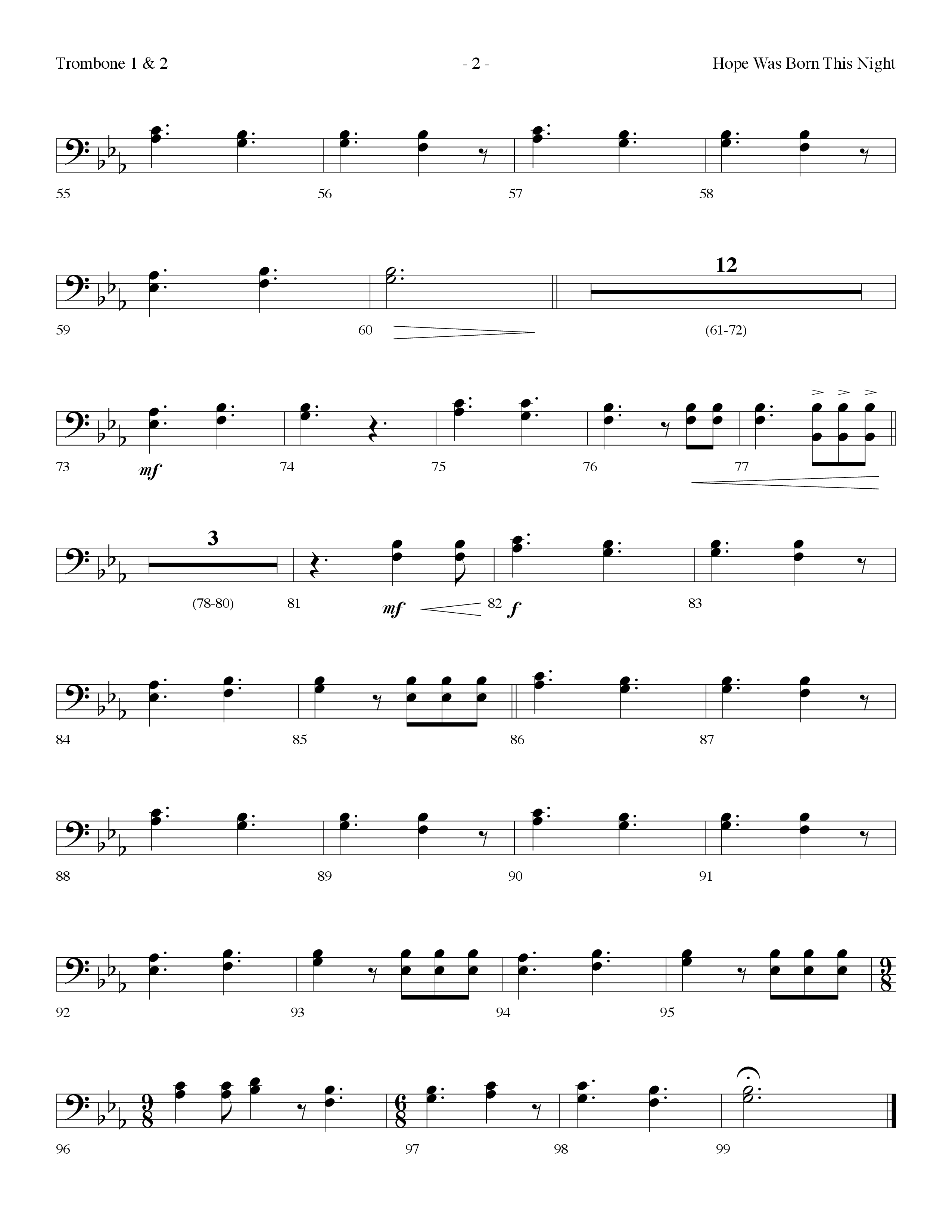 Hope Was Born This Night (Choral Anthem SATB) Trombone 1/2 (Lifeway Choral / Arr. Dennis Allen)