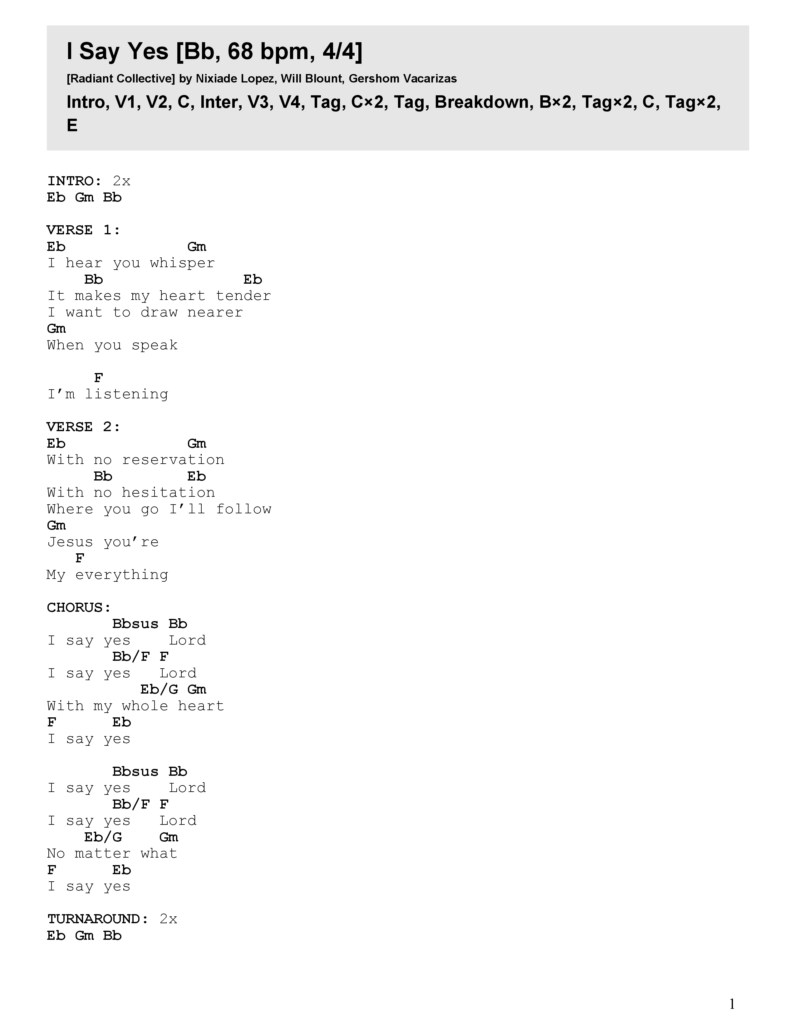 I Say Yes Chord Chart (Radiant Collective)