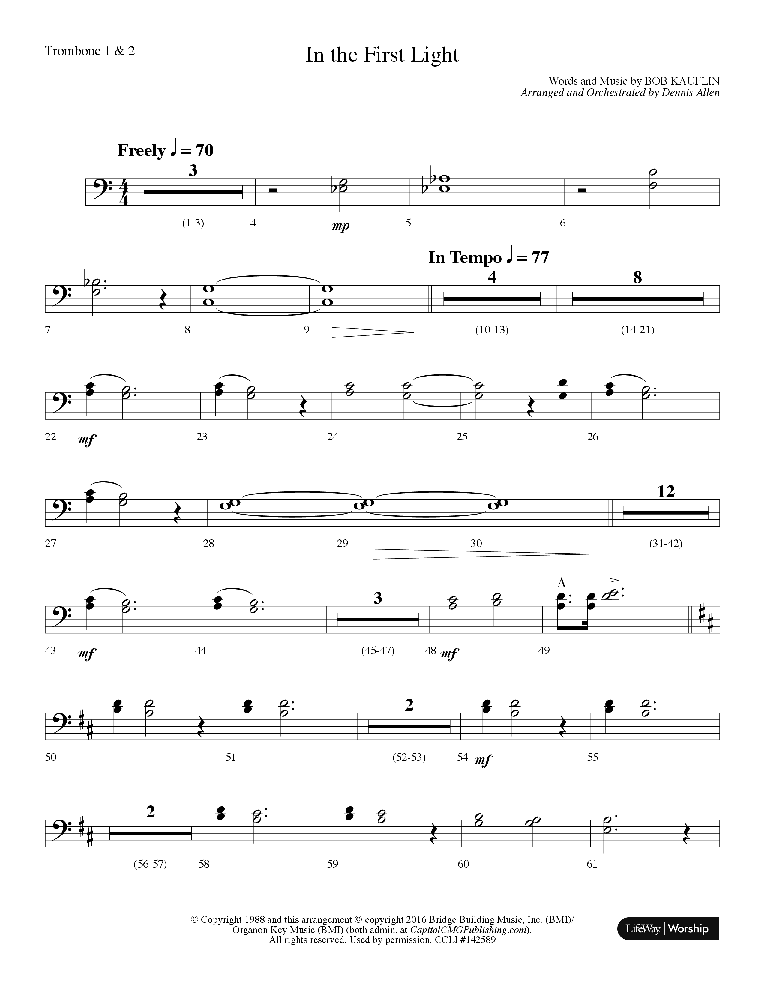 In The First Light (Choral Anthem SATB) Trombone 1/2 (Lifeway Choral / Arr. Dennis Allen)