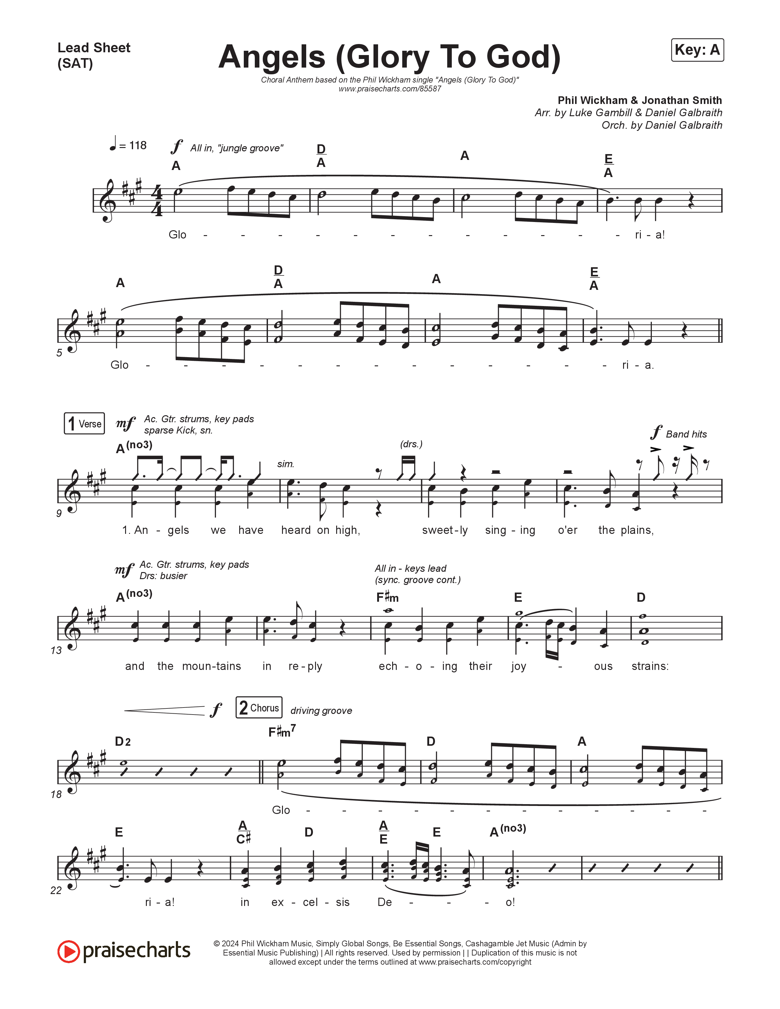 Angels (Glory To God) (Choral Anthem SATB) Lead Sheet (SAT) (Phil Wickham / Arr. Luke Gambill)