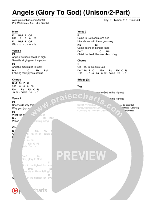 Angels (Glory To God) (Unison/2-Part) Chords & Lyrics (Phil Wickham / Arr. Luke Gambill)