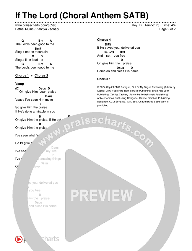 If The Lord (Choral Anthem SATB) Chords & Lyrics (Bethel Music / Zahriya Zachary / Arr. Luke Gambill)