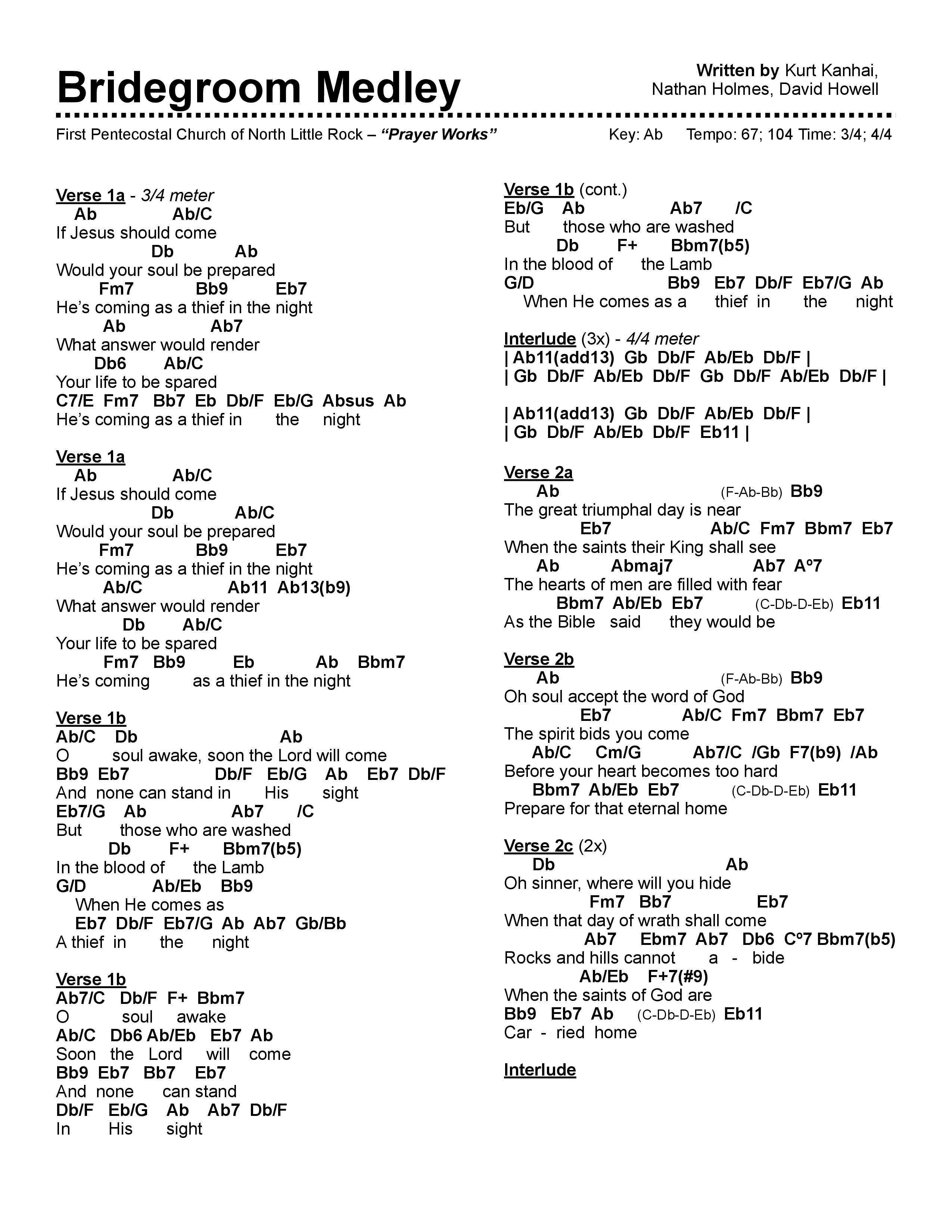 Bridegroom Medley Chord Chart (First Pentecostal Church North Little Rock)