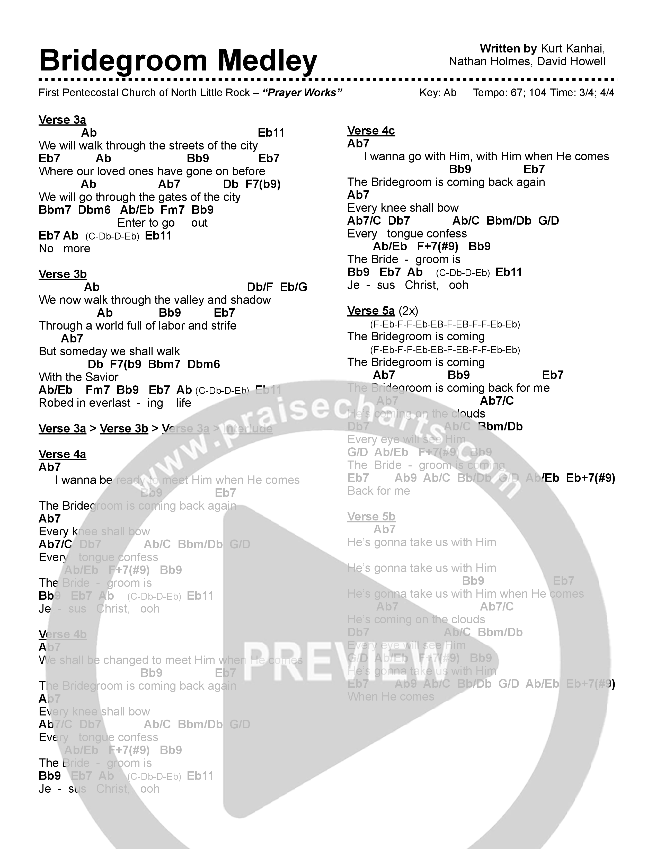 Bridegroom Medley Chord Chart (First Pentecostal Church North Little Rock)