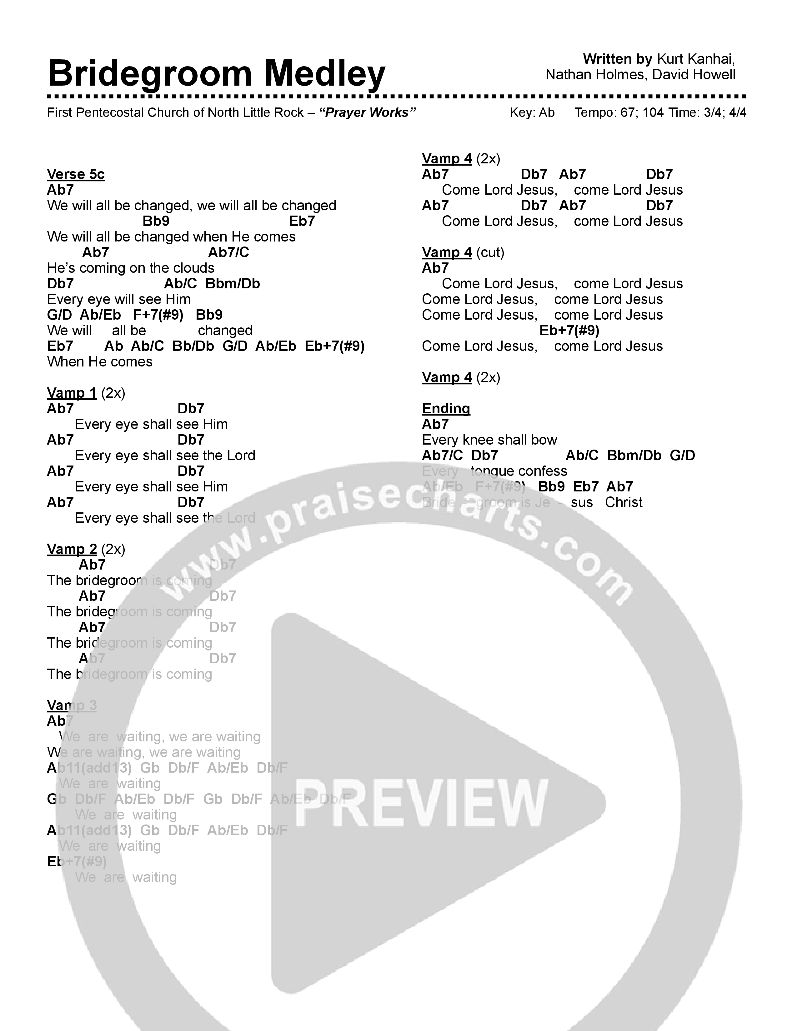 Bridegroom Medley Chord Chart (First Pentecostal Church North Little Rock)