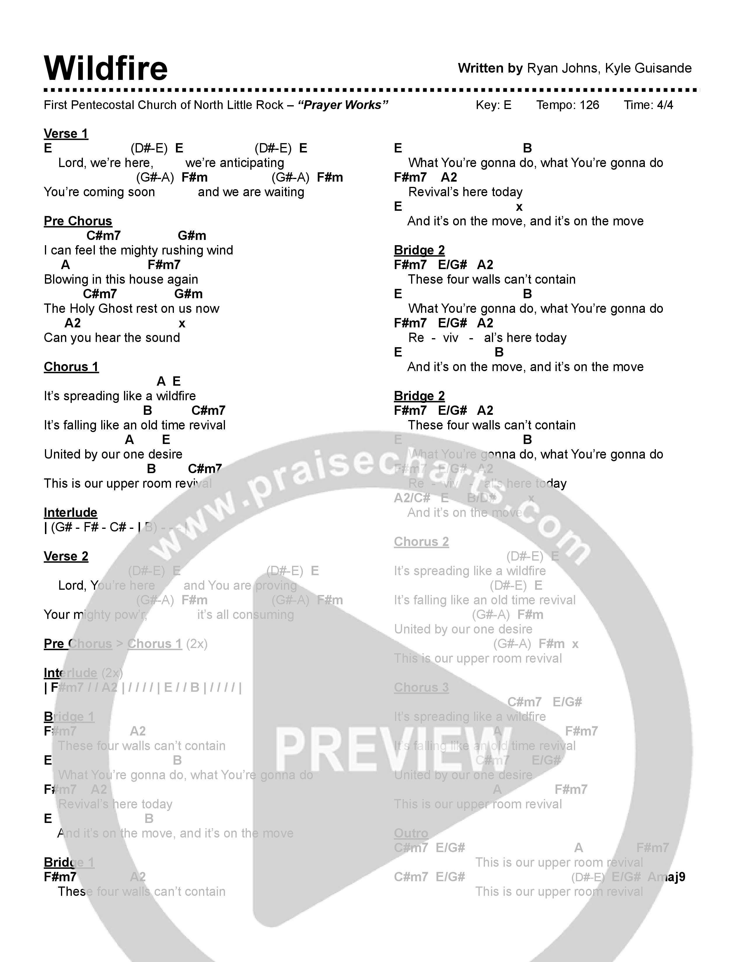 Wildfire Chord Chart (First Pentecostal Church North Little Rock)