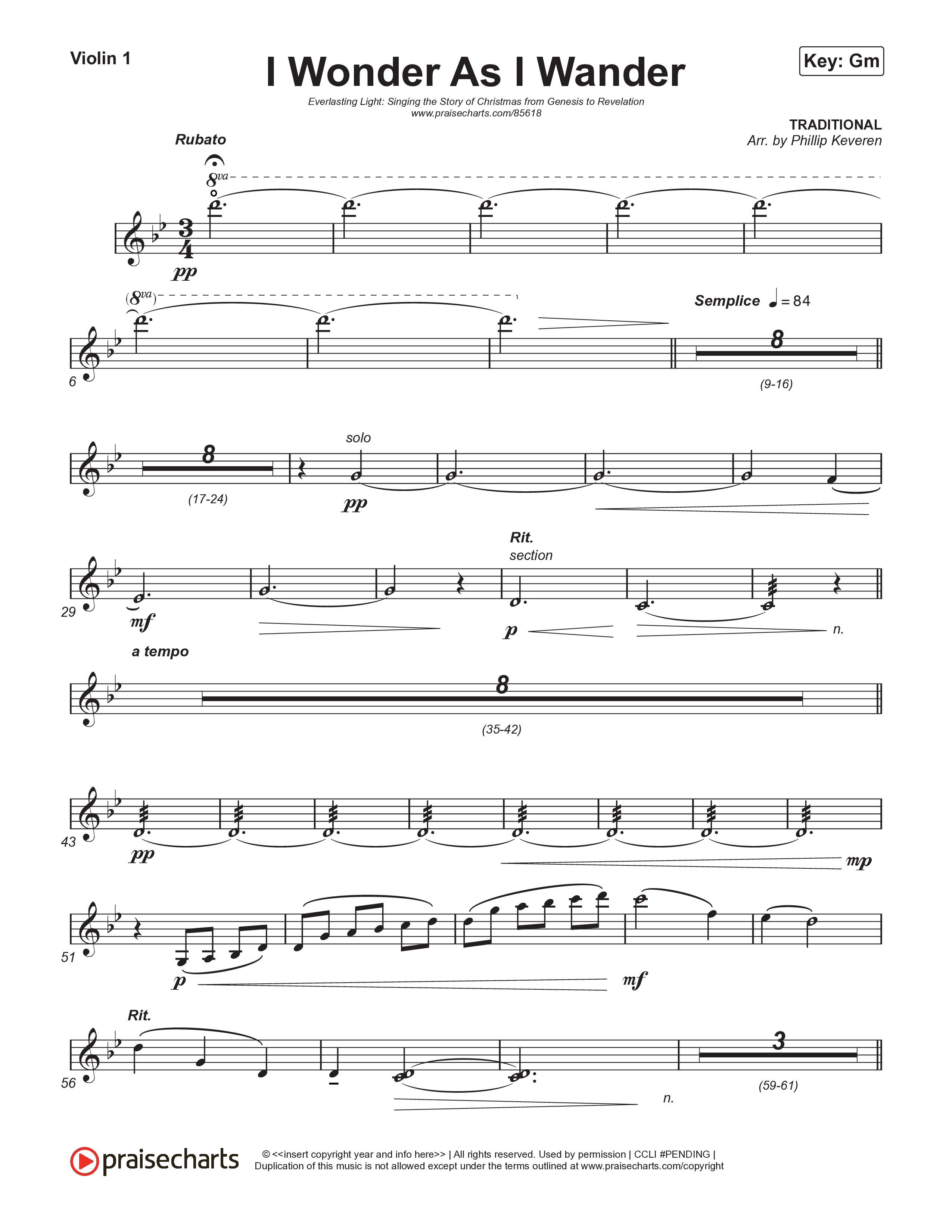 I Wonder As I Wander (Live) Violin 1,2 (Museum Of The Bible / Tasha Layton / Indiana Wesleyan University Choir / Arr. Philip Keveren)