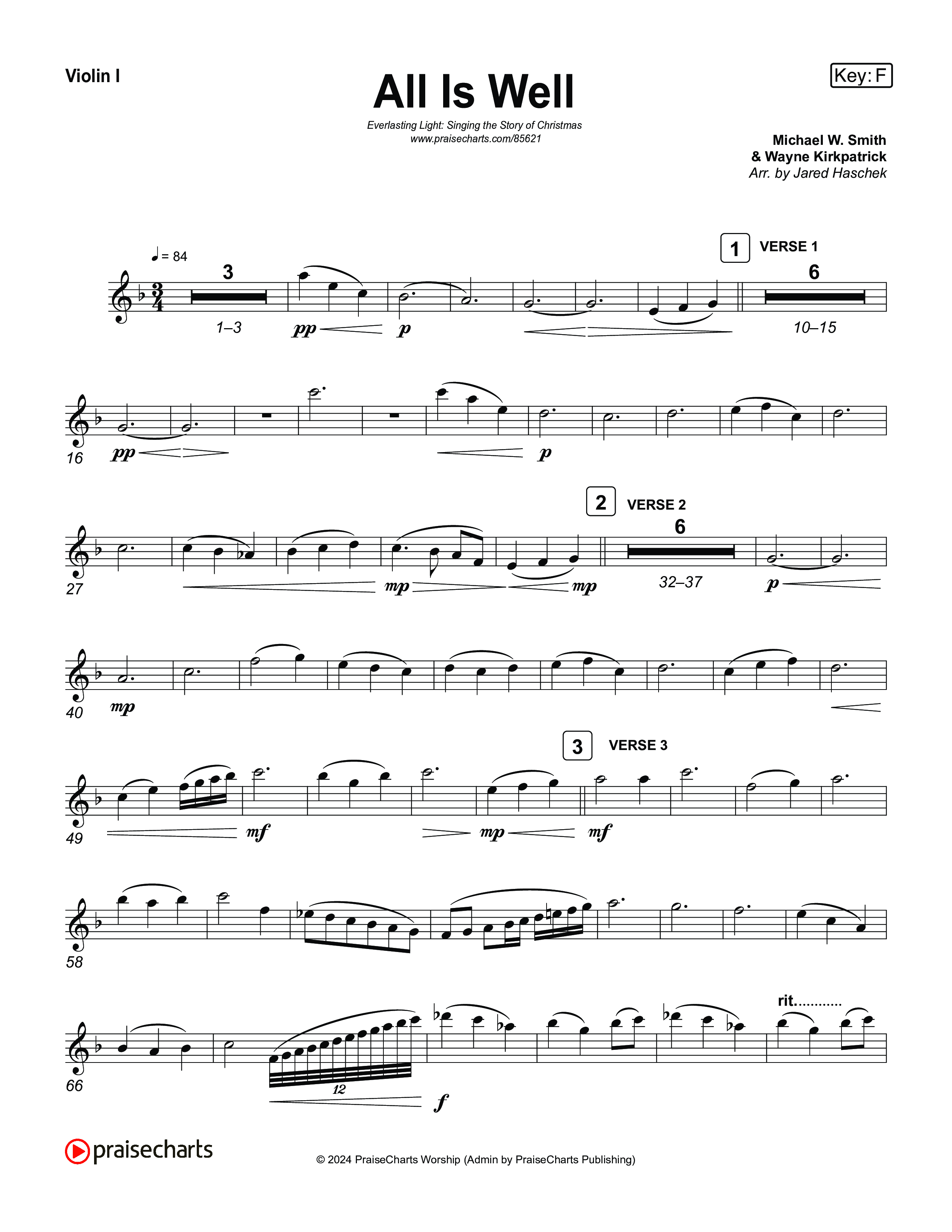 All Is Well (Live) Violin 1,2 (Museum Of The Bible / Anthony Evans / Tasha Layton / Indiana Wesleyan University Choir / Arr. Jared Haschek)