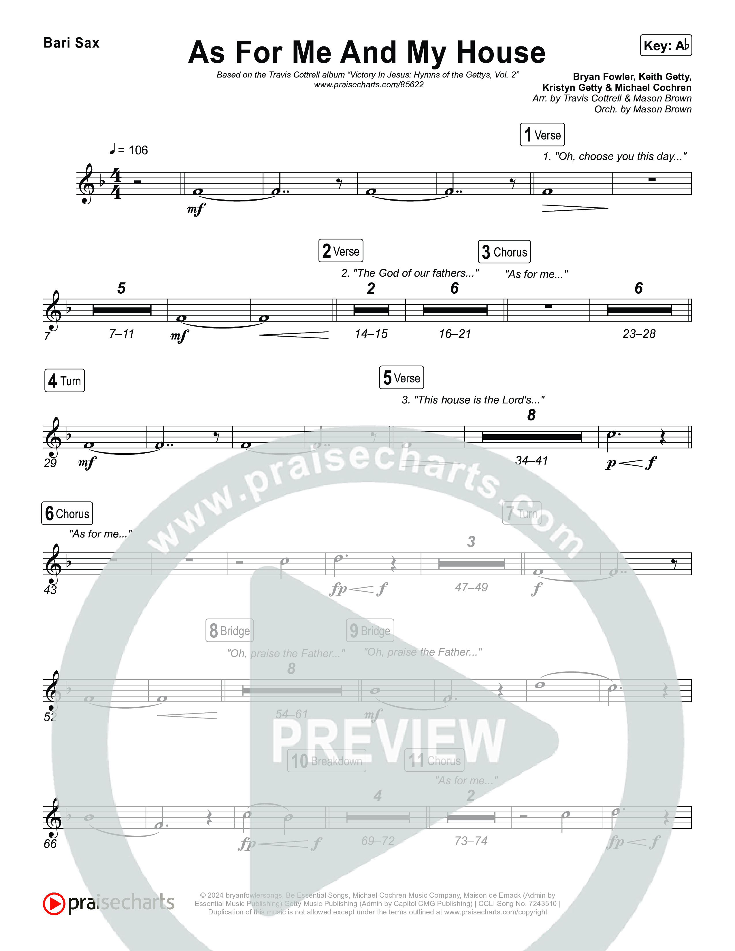 As For Me And My House (Choral/SATB) Bari Sax (Brooke Voland / Arr. Travis Cottrell / Arr. Mason Brown)