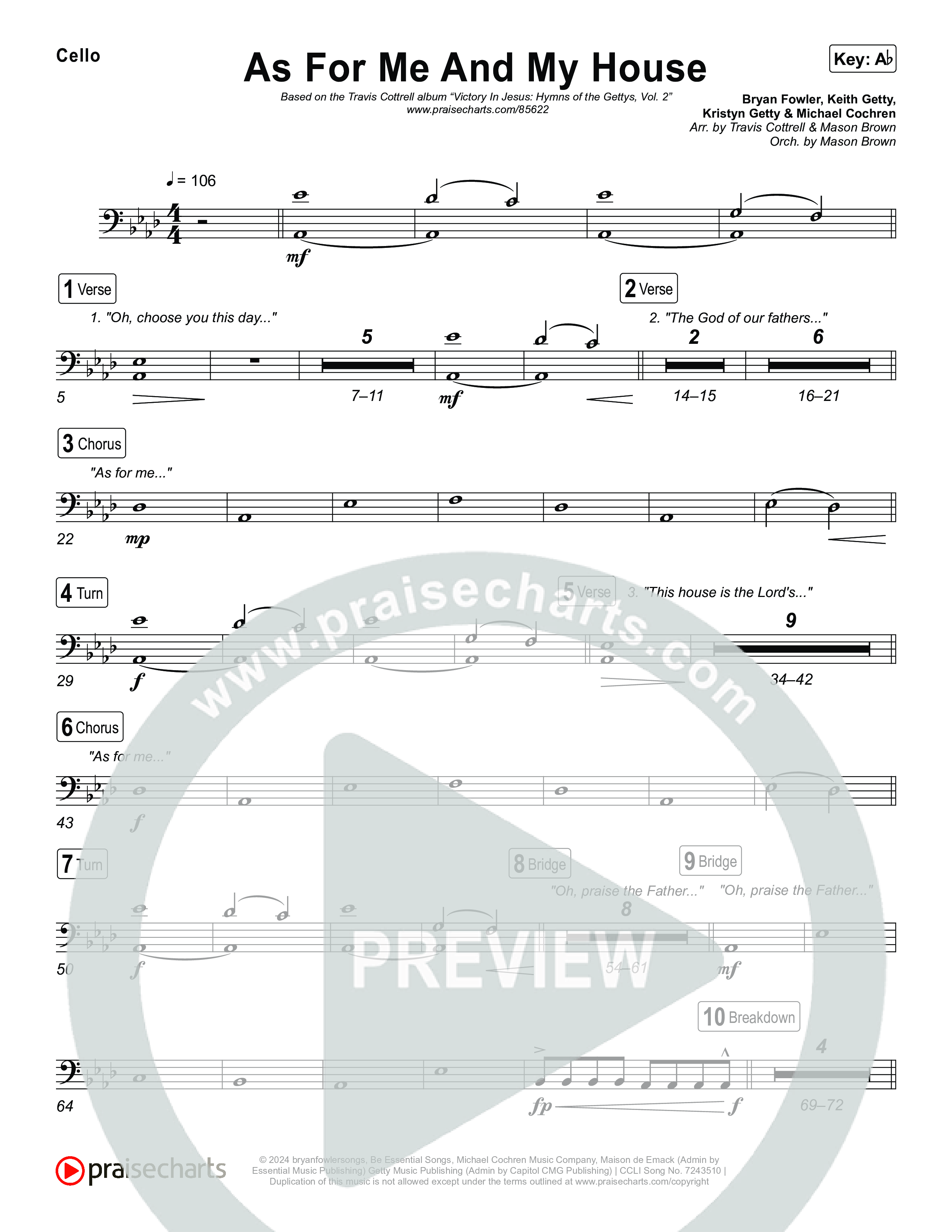 As For Me And My House (Choral/SATB) Cello (Brooke Voland / Arr. Travis Cottrell / Arr. Mason Brown)
