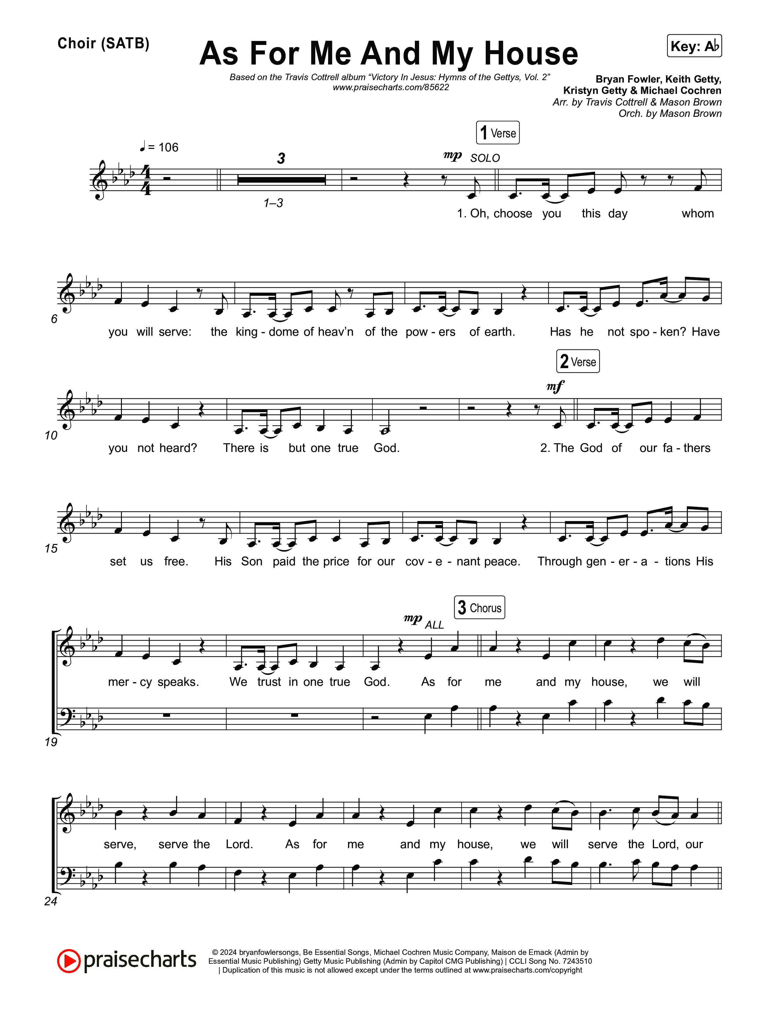 As For Me And My House (Choral/SATB) Choir Sheet (SATB) (Brooke Voland / Arr. Travis Cottrell / Arr. Mason Brown)