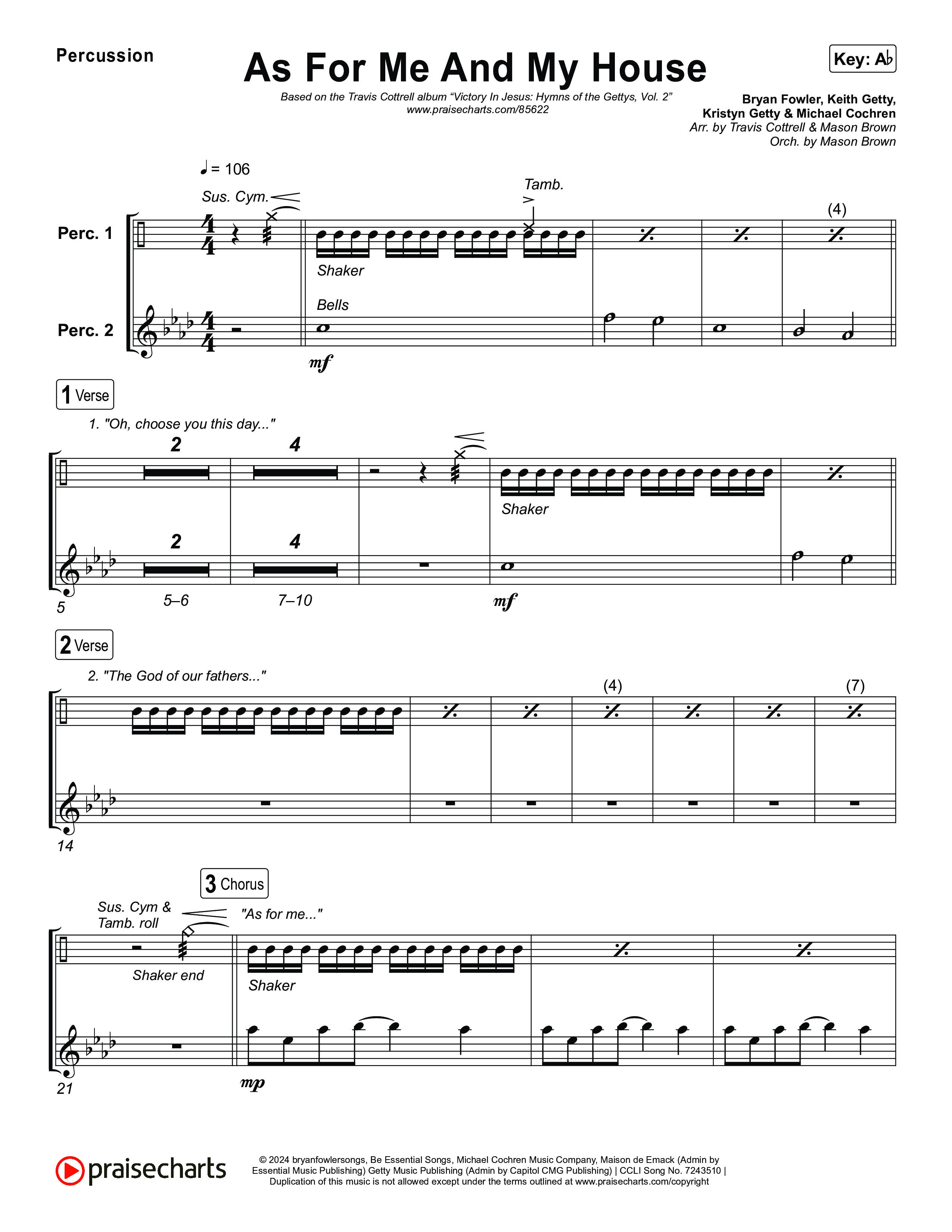 As For Me And My House (Choral/SATB) Percussion (Brooke Voland / Arr. Travis Cottrell / Arr. Mason Brown)