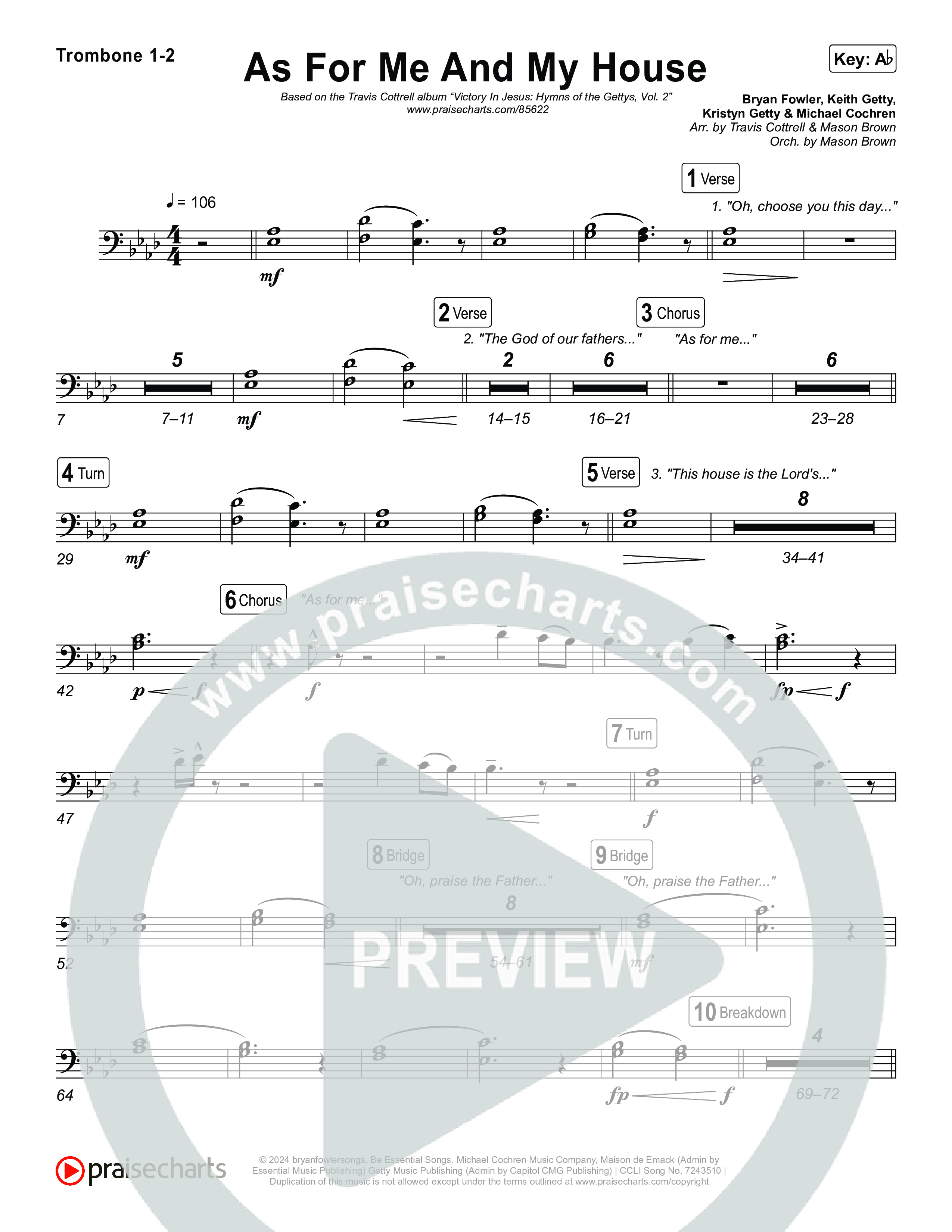 As For Me And My House (Choral/SATB) Trombone 1,2 (Brooke Voland / Arr. Travis Cottrell / Arr. Mason Brown)