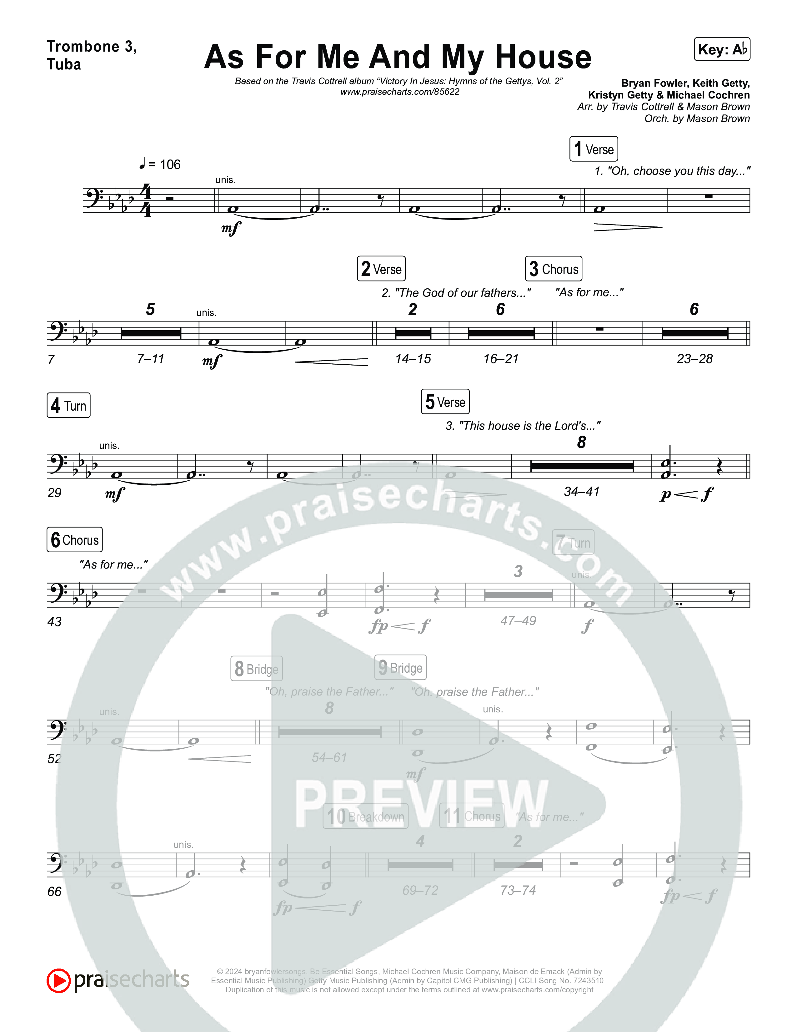 As For Me And My House (Choral/SATB) Trombone 3/Tuba (Brooke Voland / Arr. Travis Cottrell / Arr. Mason Brown)
