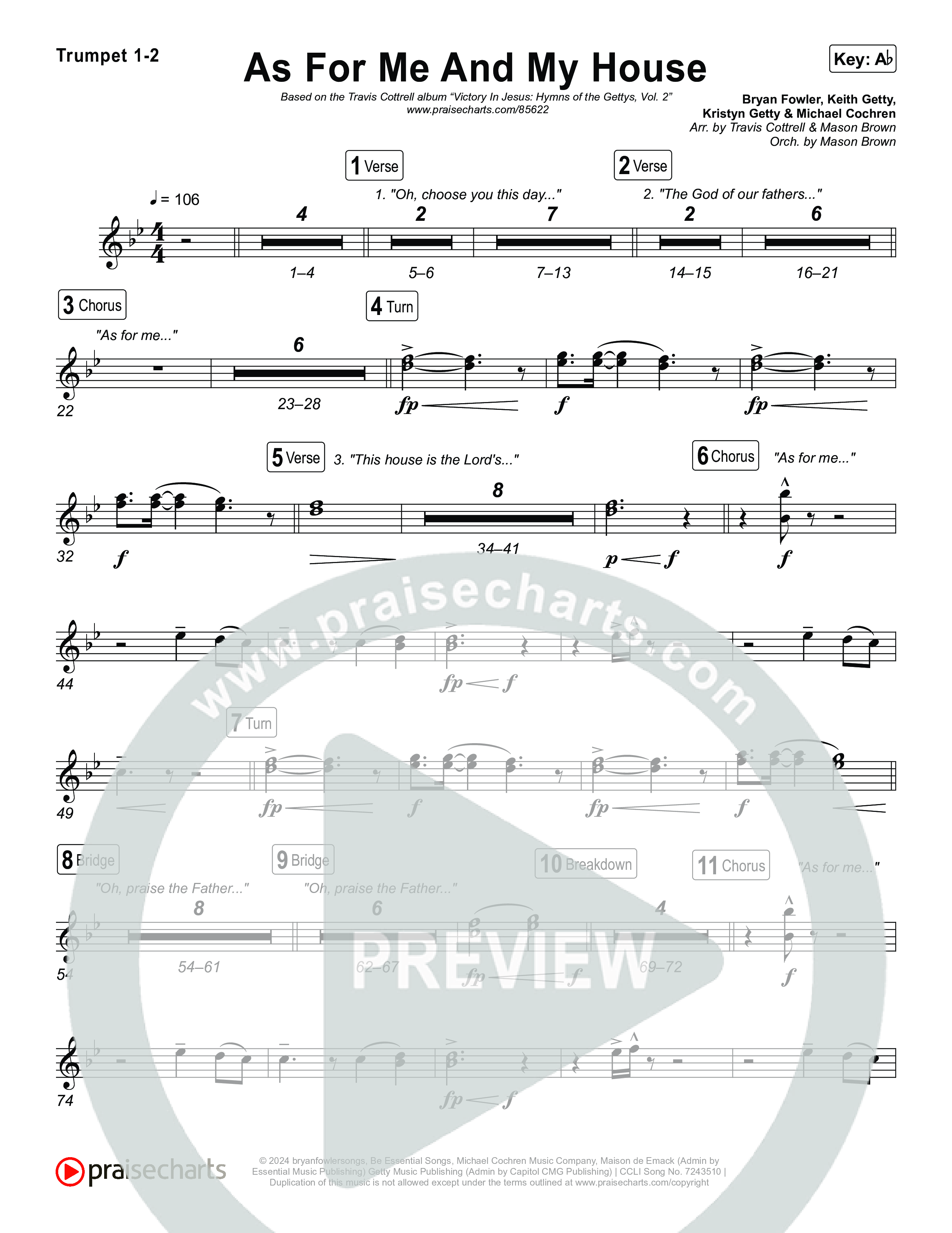 As For Me And My House (Choral/SATB) Trumpet 1,2 (Brooke Voland / Arr. Travis Cottrell / Arr. Mason Brown)