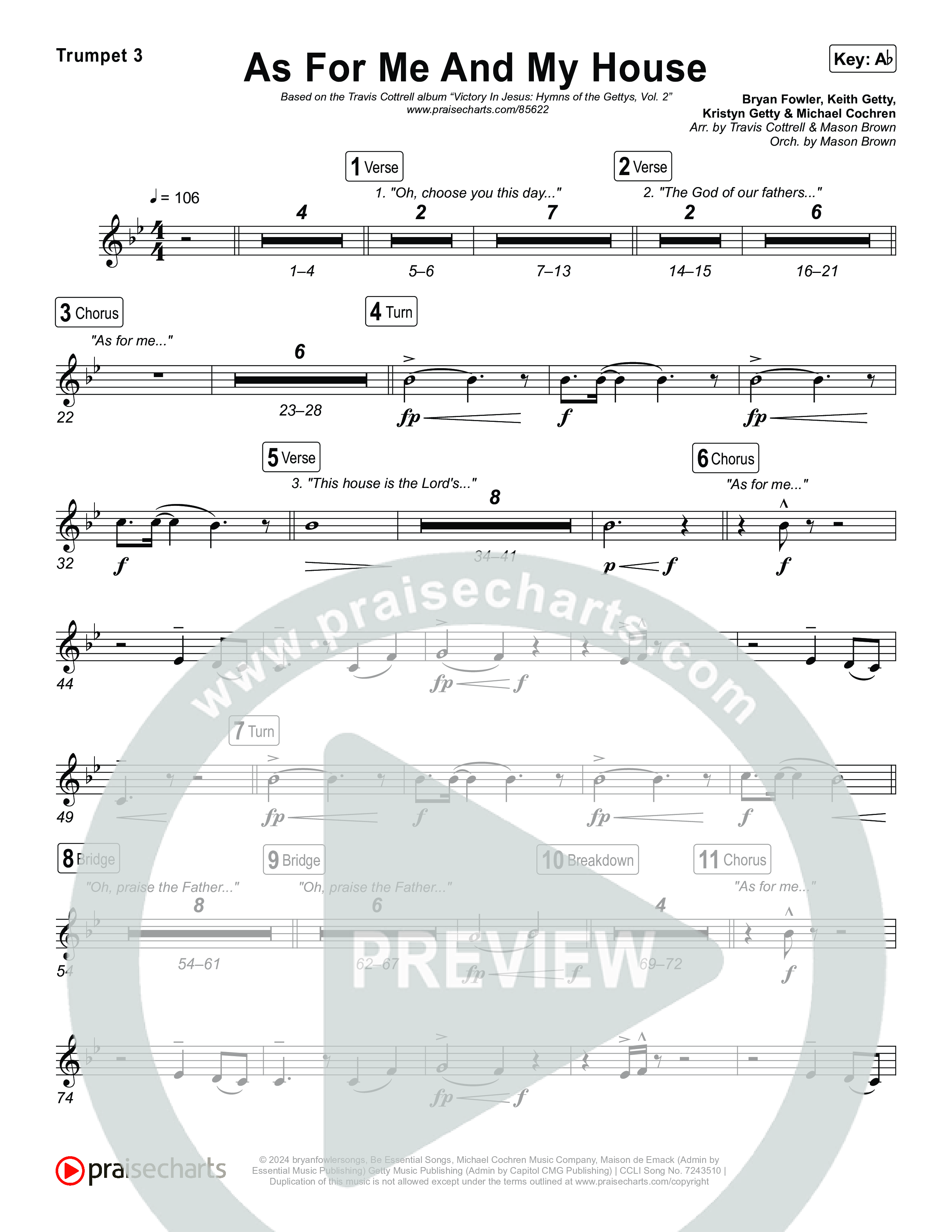As For Me And My House (Choral/SATB) Trumpet 1,2 (Brooke Voland / Arr. Travis Cottrell / Arr. Mason Brown)