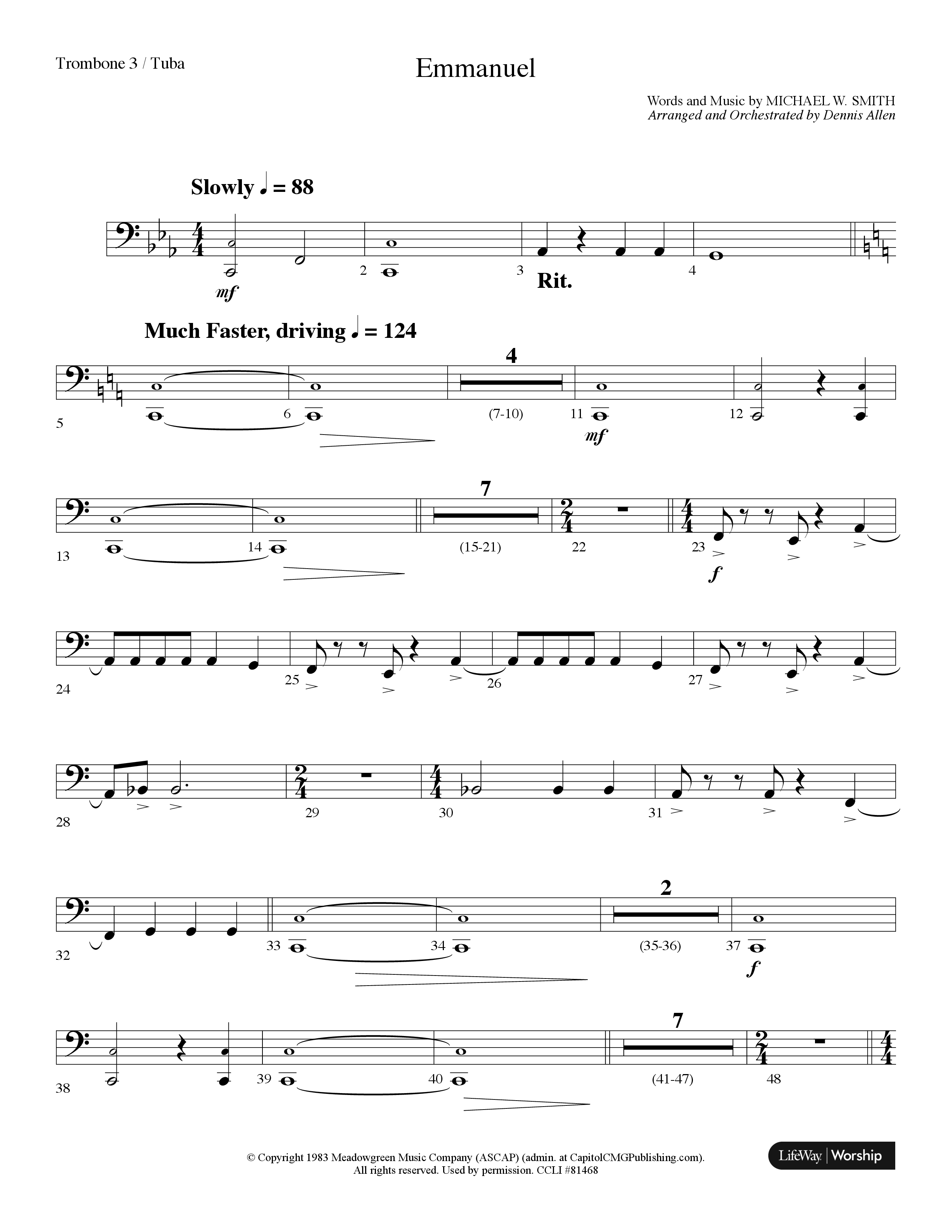 Emmanuel (Choral Anthem SATB) Trombone 3/Tuba (Lifeway Choral / Arr. Dennis Allen)