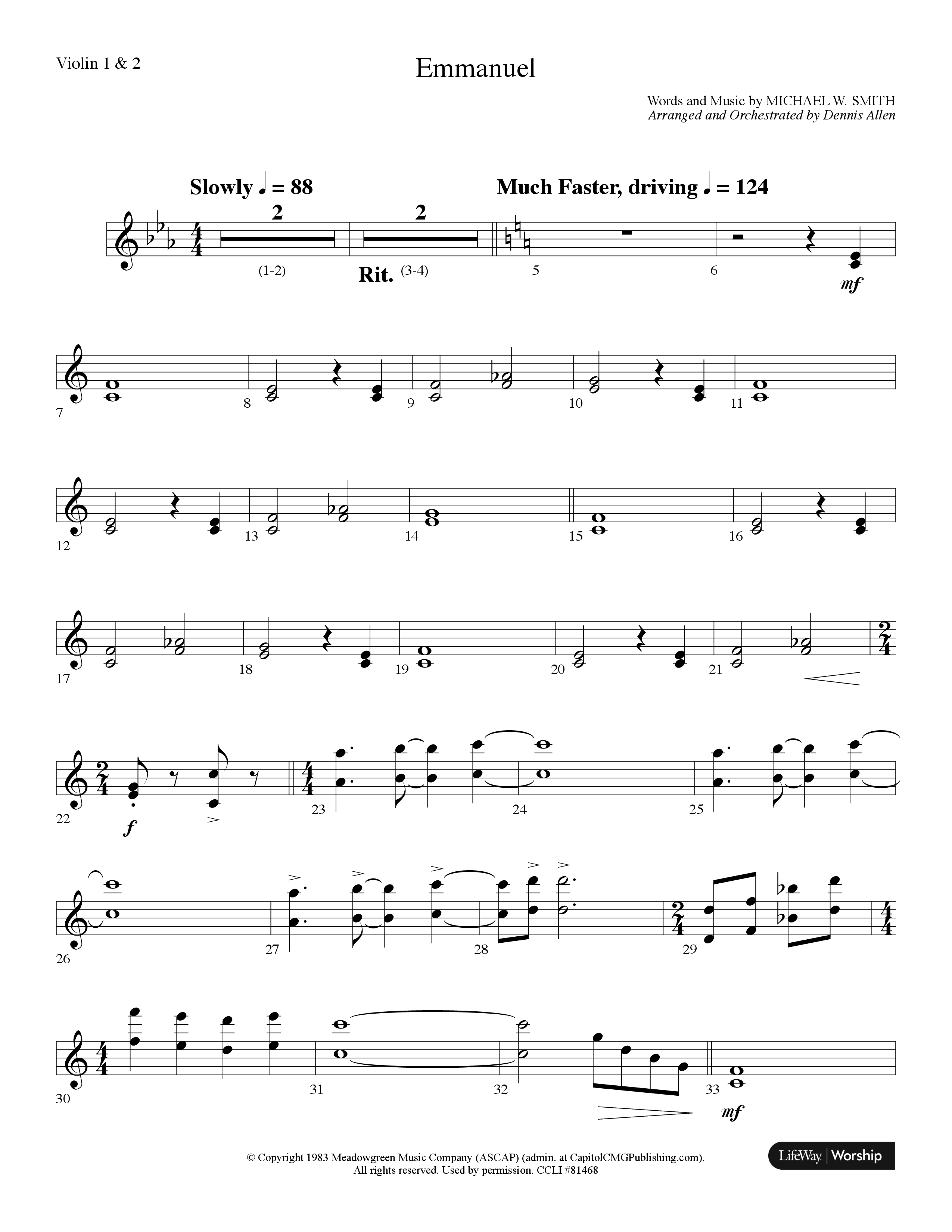 Emmanuel (Choral Anthem SATB) Violin 1/2 (Lifeway Choral / Arr. Dennis Allen)