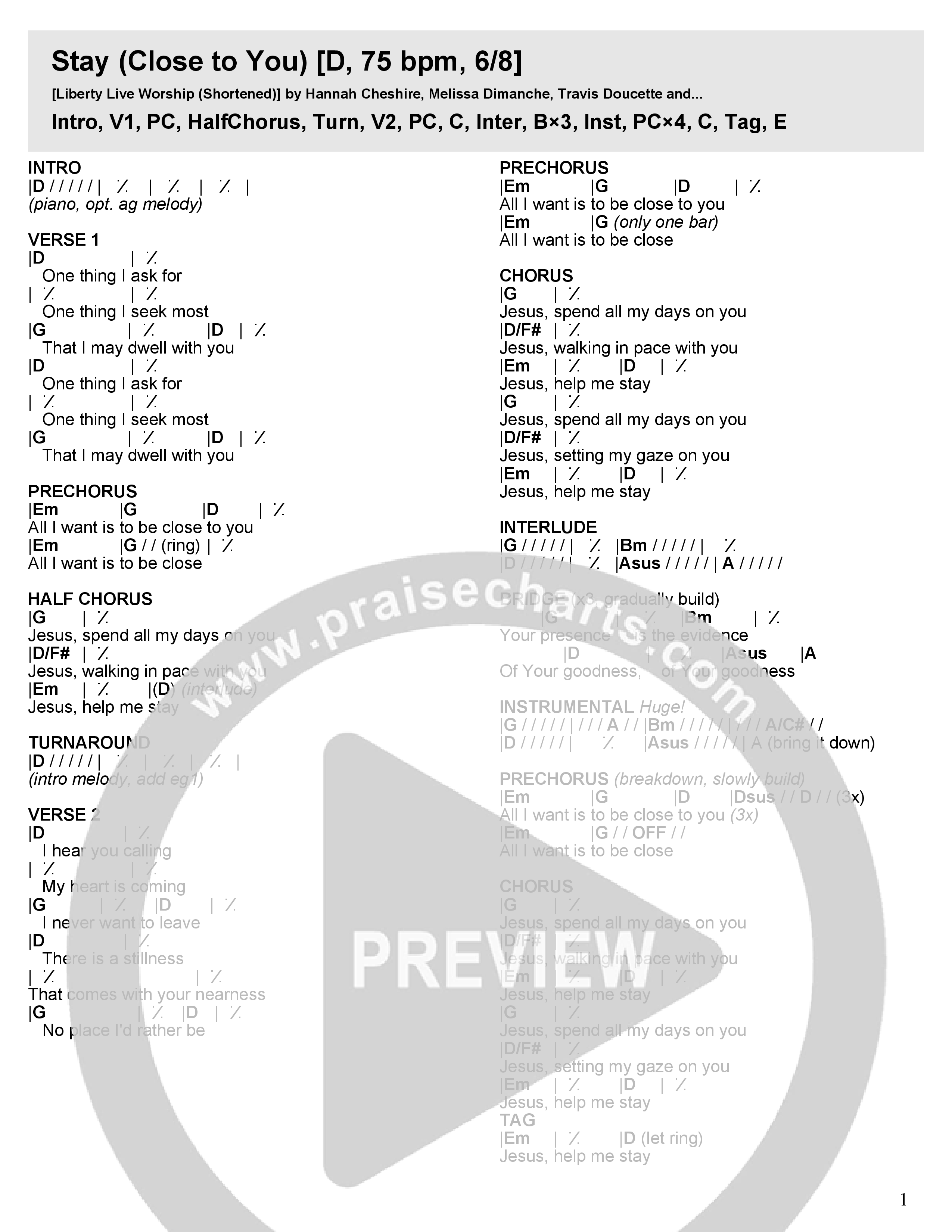 Stay (Close to You) Chord Chart (Liberty Live Worship)