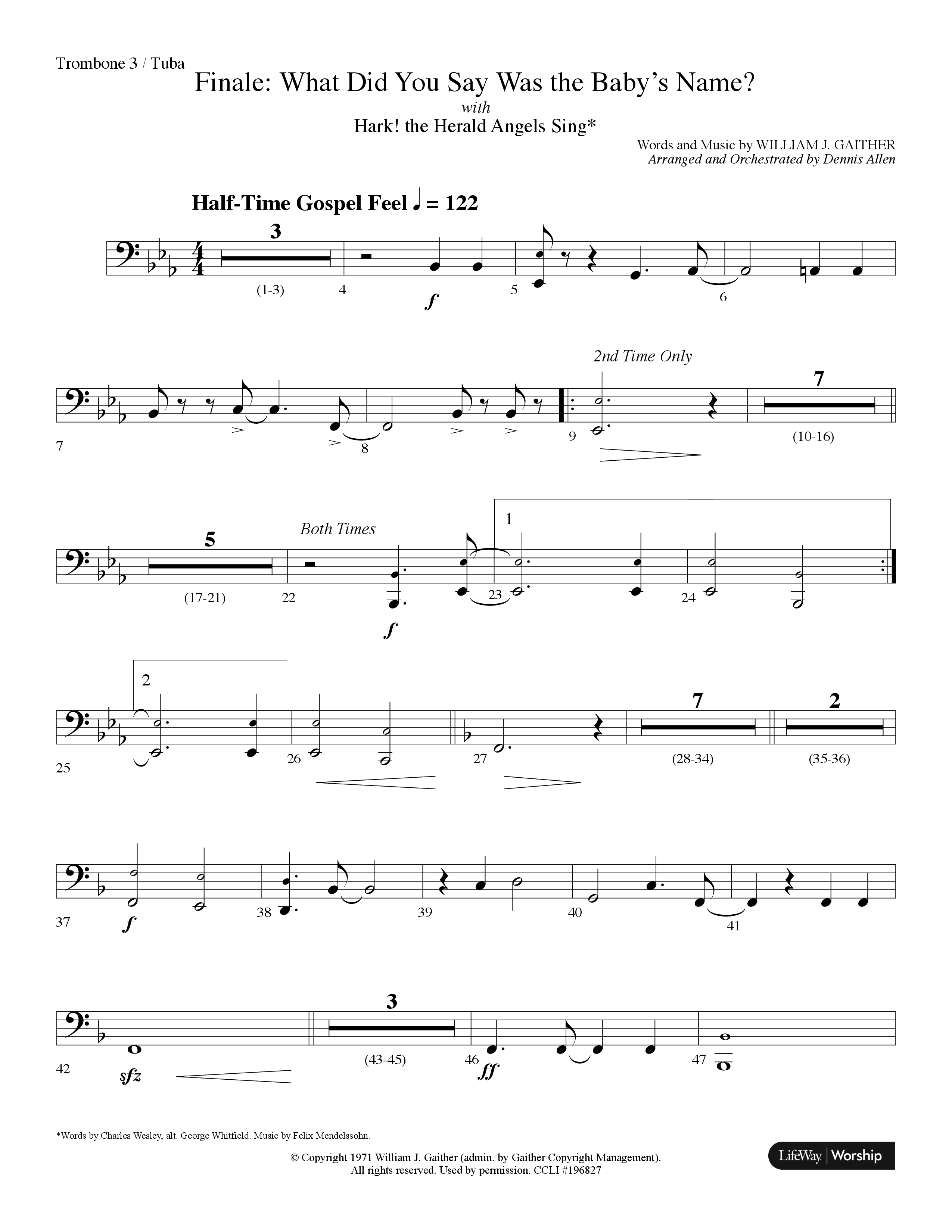 Finale: What Did You Say Was The Baby's Name (with Hark The Herald Angels Sing) (Choral Anthem SATB) Trombone 3/Tuba (Lifeway Choral / Arr. Dennis Allen)