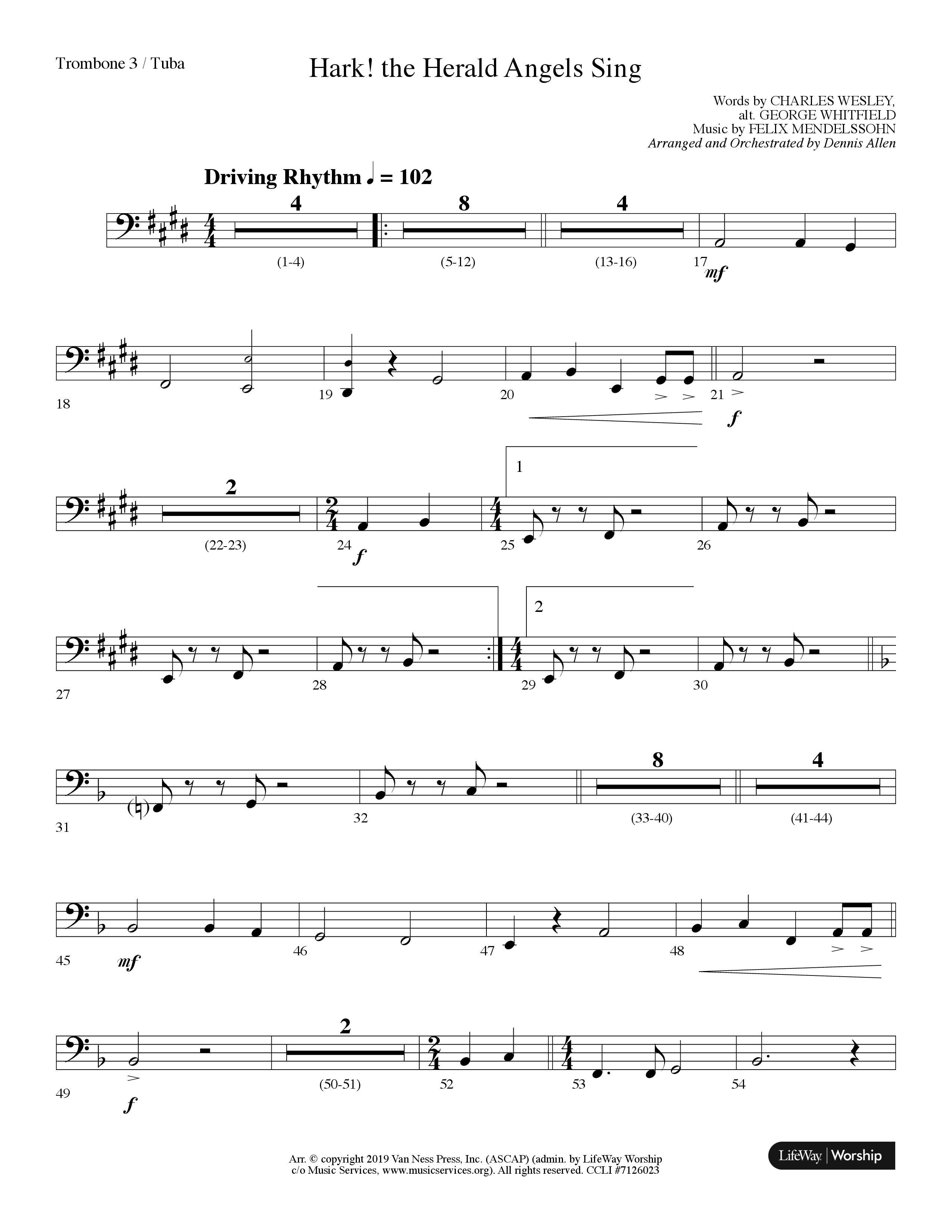Hark The Herald Angels Sing (Choral Anthem SATB) Trombone 3/Tuba (Lifeway Choral / Arr. Dennis Allen)