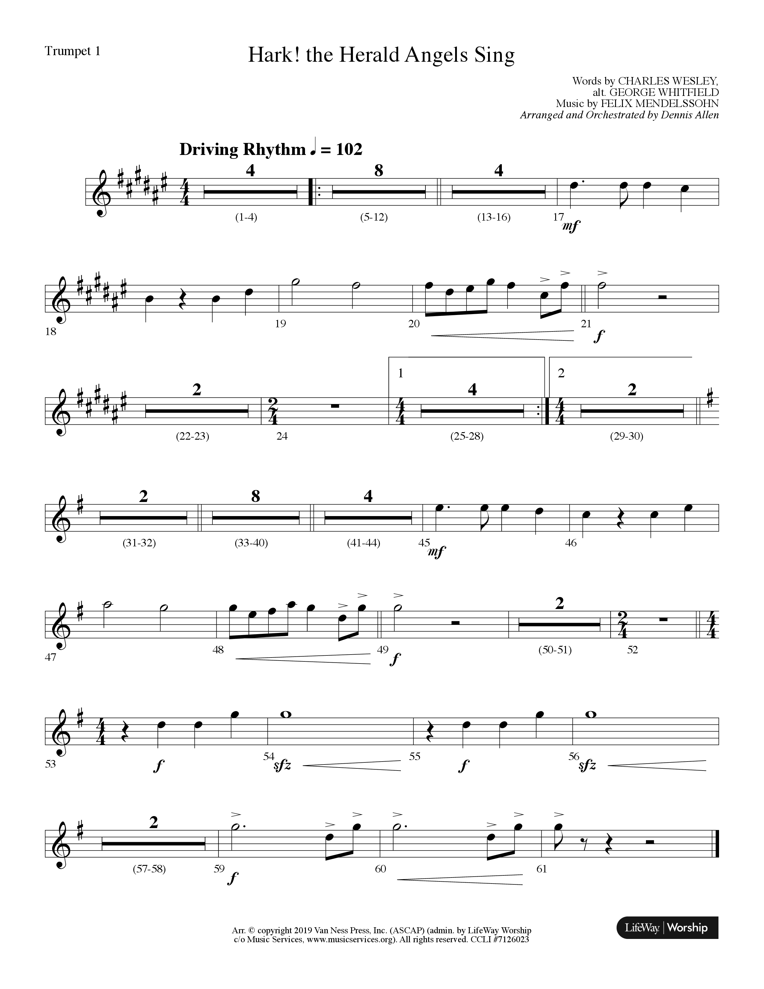 Hark The Herald Angels Sing (Choral Anthem SATB) Trumpet 1 (Lifeway Choral / Arr. Dennis Allen)