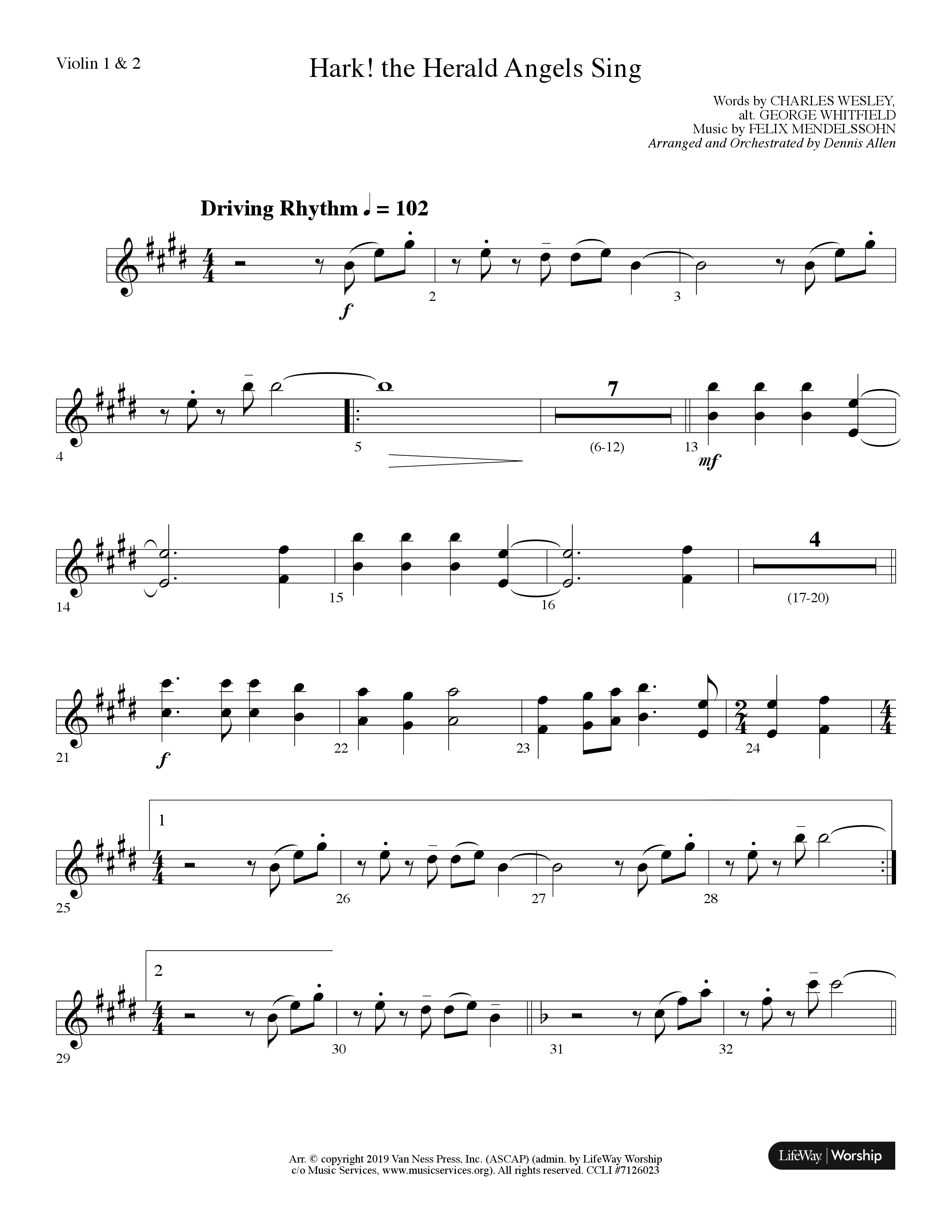Hark The Herald Angels Sing (Choral Anthem SATB) Violin 1/2 (Lifeway Choral / Arr. Dennis Allen)