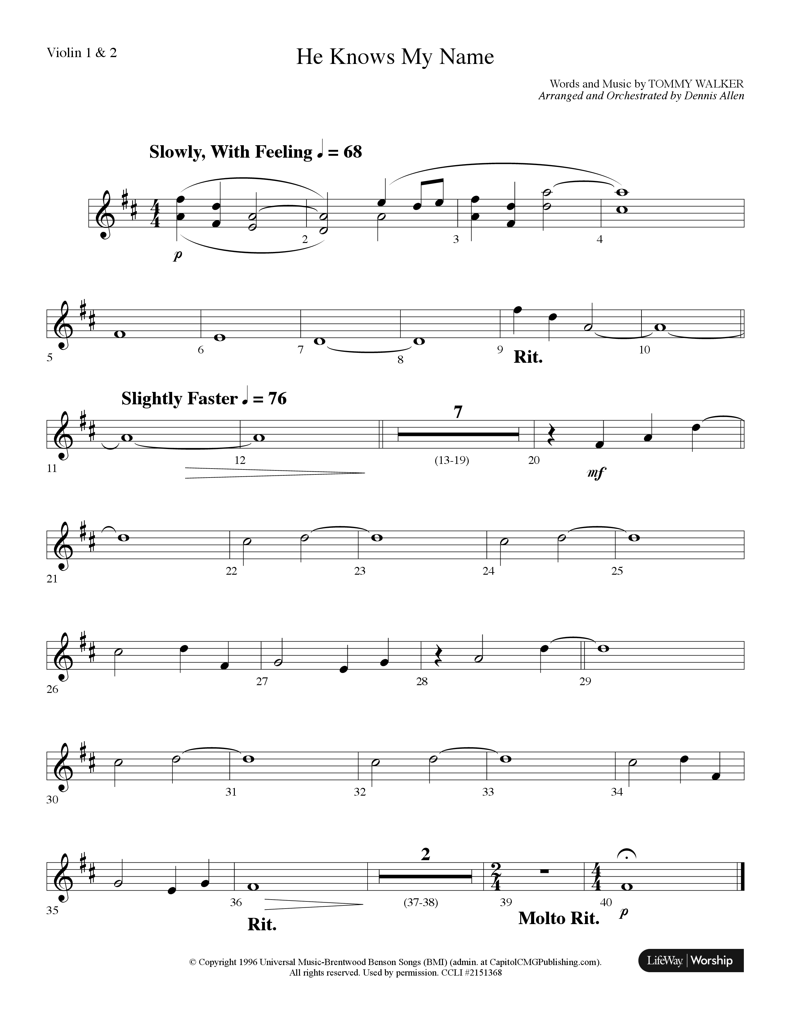 He Knows My Name (Choral Anthem SATB) Violin 1/2 (Lifeway Choral / Arr. Dennis Allen)