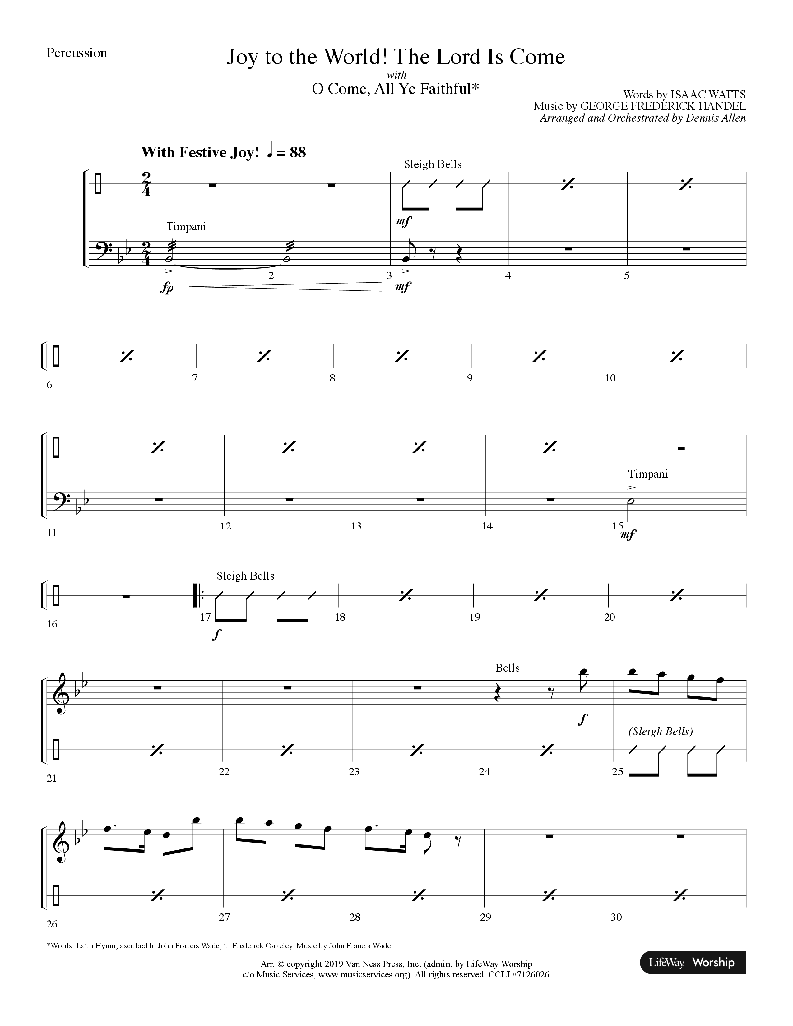 Joy To The World The Lord Is Come (with O Come All Ye Faithful) (Choral Anthem SATB) Percussion (Lifeway Choral / Arr. Dennis Allen)