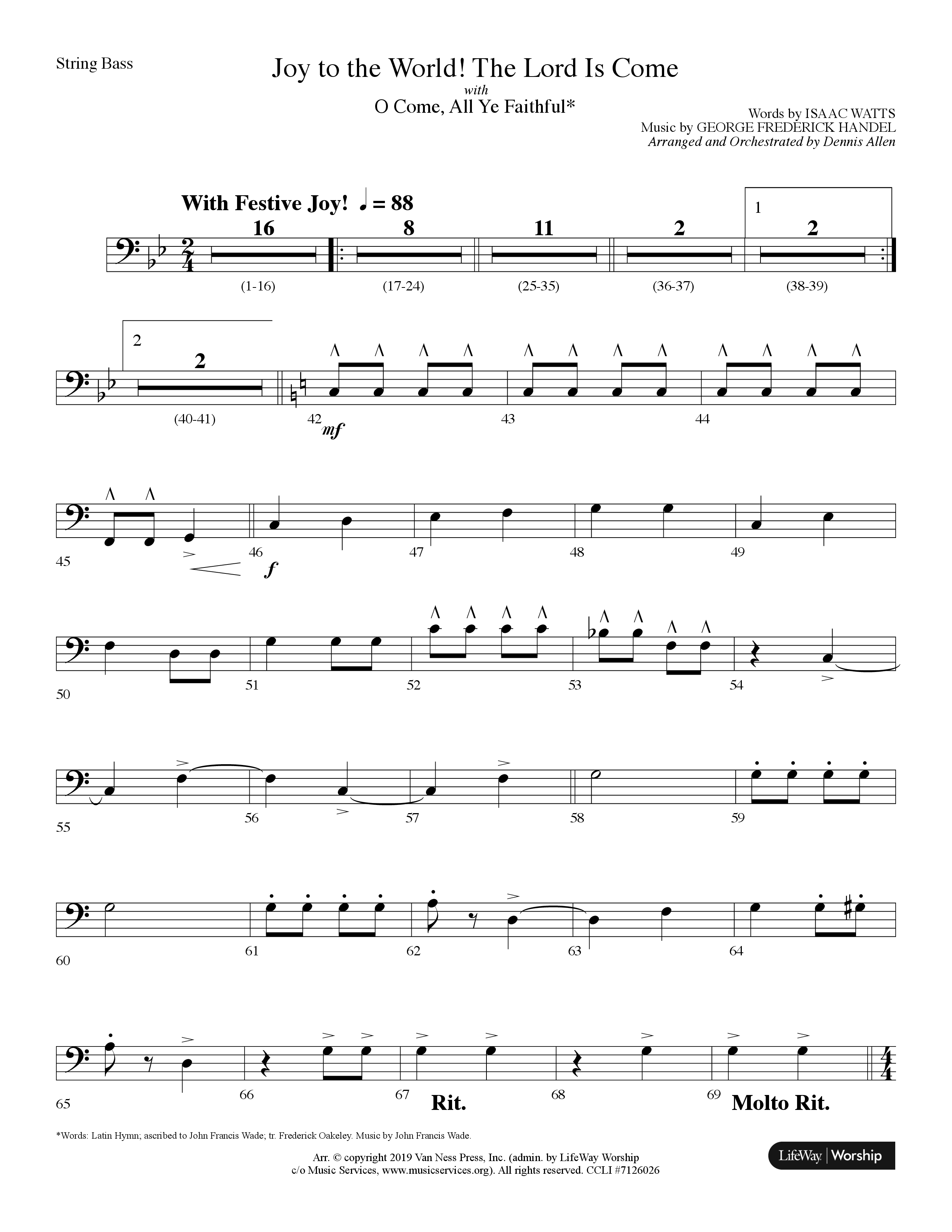 Joy To The World The Lord Is Come (with O Come All Ye Faithful) (Choral Anthem SATB) String Bass (Lifeway Choral / Arr. Dennis Allen)