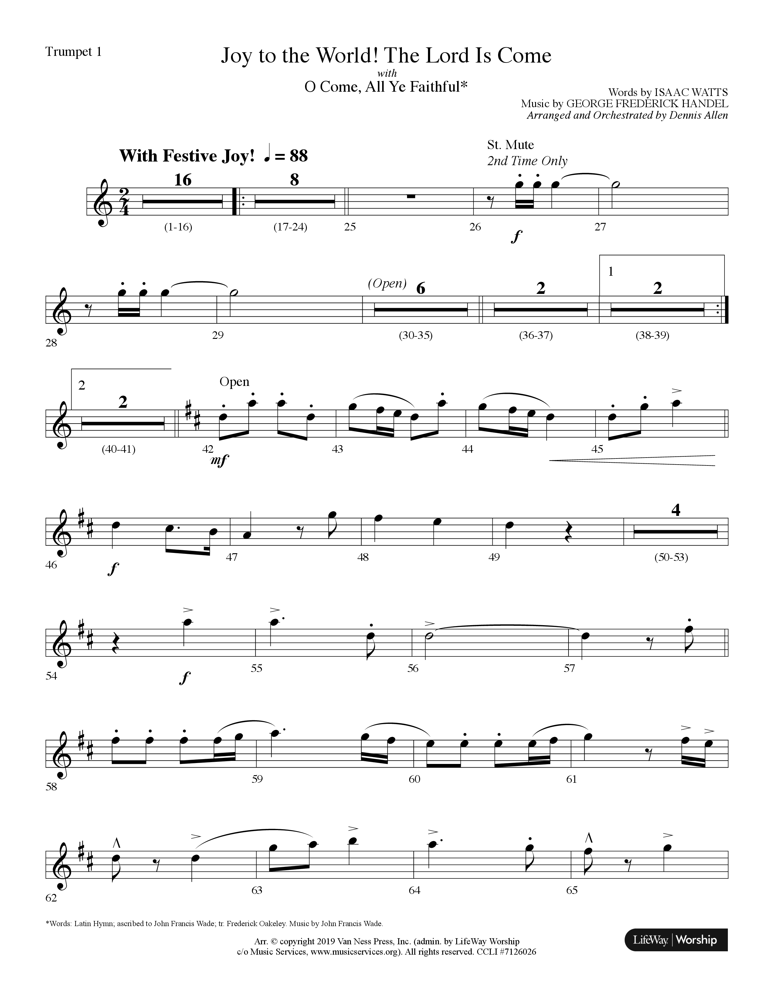 Joy To The World The Lord Is Come (with O Come All Ye Faithful) (Choral Anthem SATB) Trumpet 1 (Lifeway Choral / Arr. Dennis Allen)
