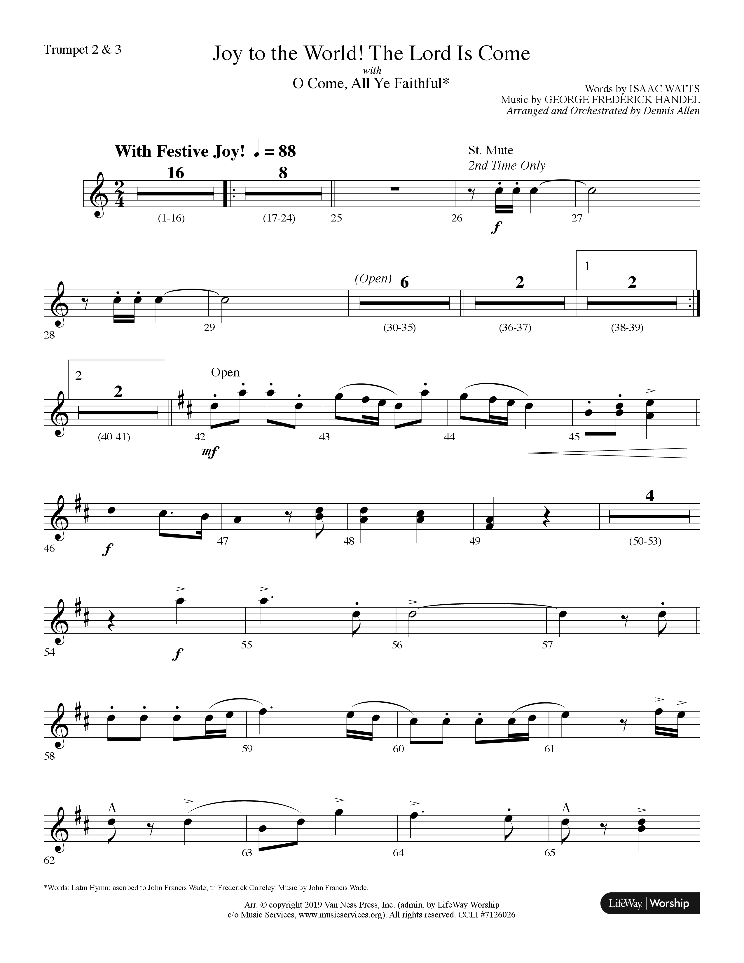 Joy To The World The Lord Is Come (with O Come All Ye Faithful) (Choral Anthem SATB) Trumpet 2/3 (Lifeway Choral / Arr. Dennis Allen)