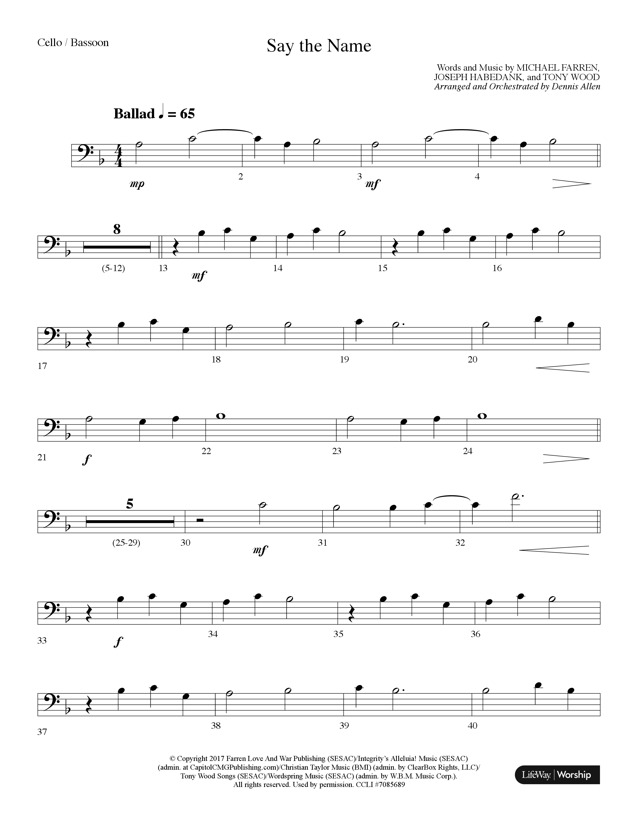 Say The Name (Choral Anthem SATB) Cello (Lifeway Choral / Arr. Dennis Allen)