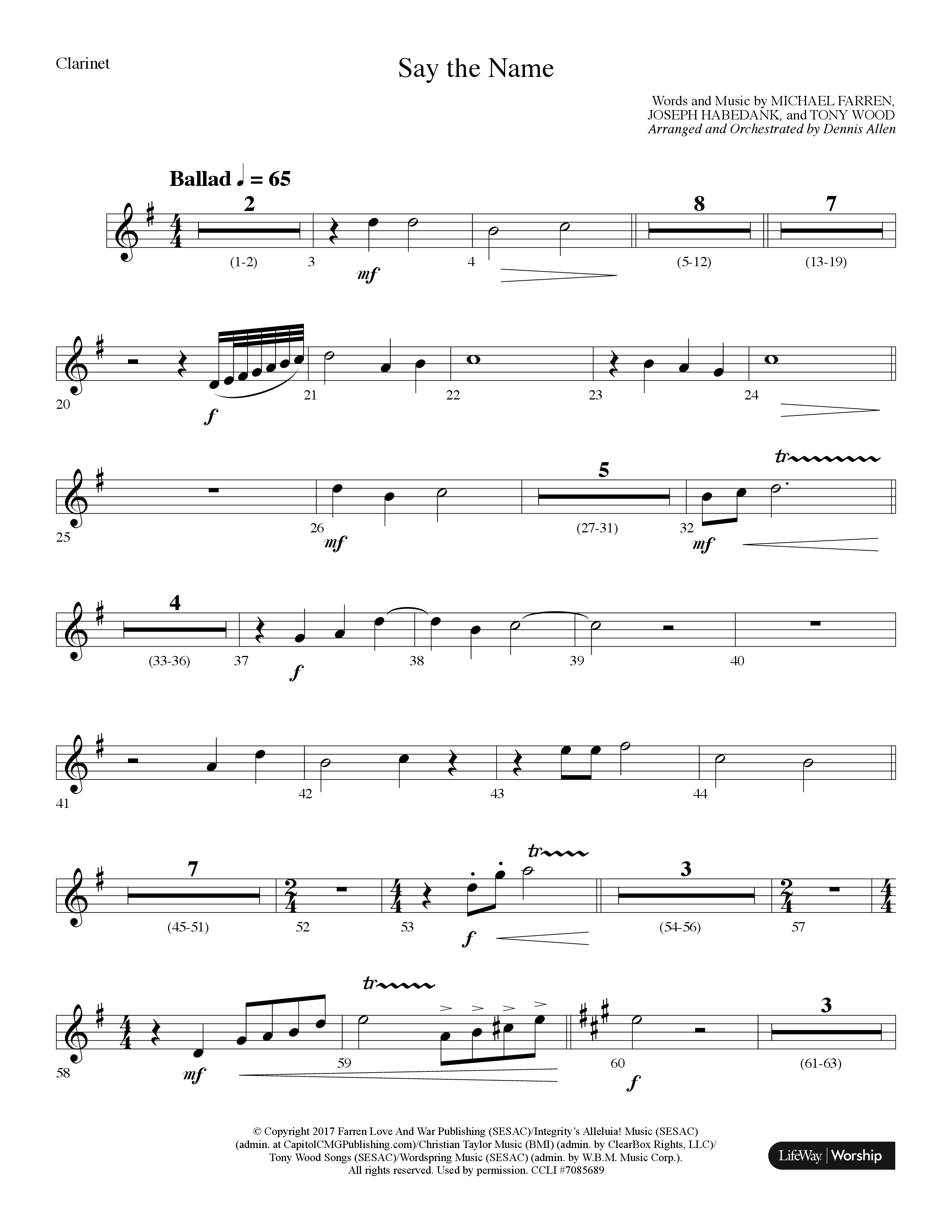 Say The Name (Choral Anthem SATB) Clarinet (Lifeway Choral / Arr. Dennis Allen)
