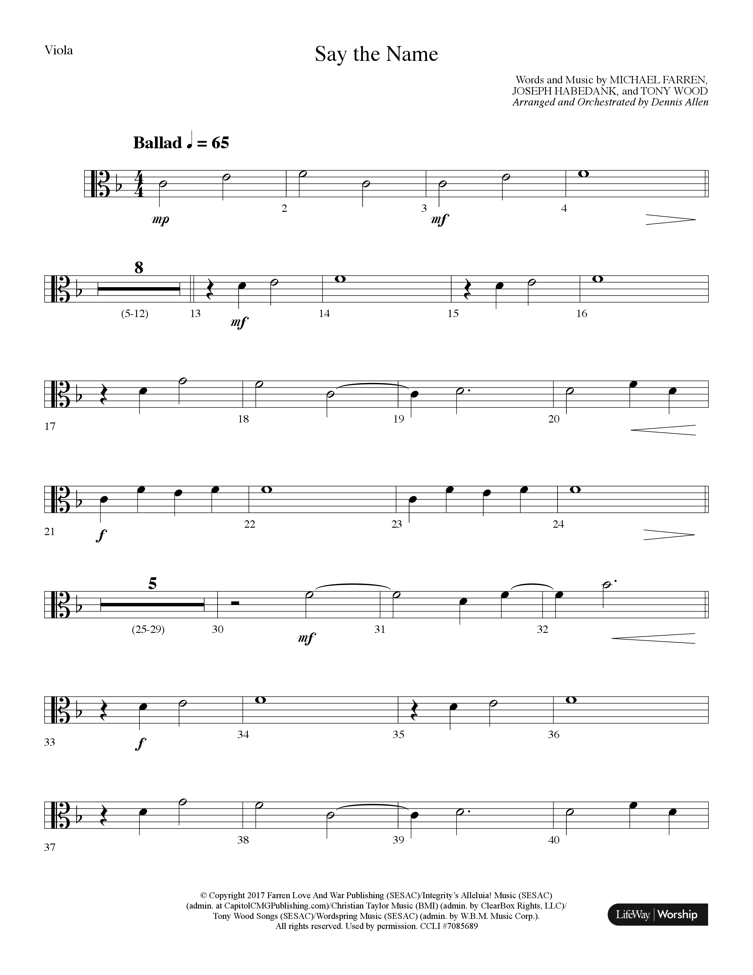 Say The Name (Choral Anthem SATB) Viola (Lifeway Choral / Arr. Dennis Allen)