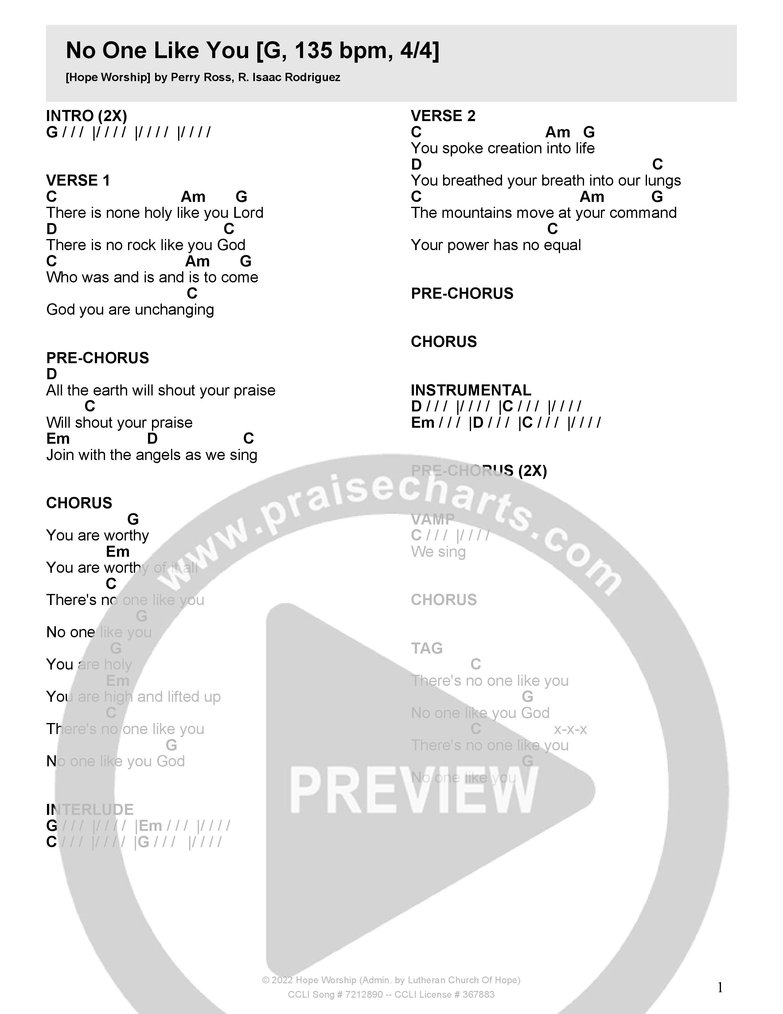 No One Like You Chord Chart (Hope Worship)