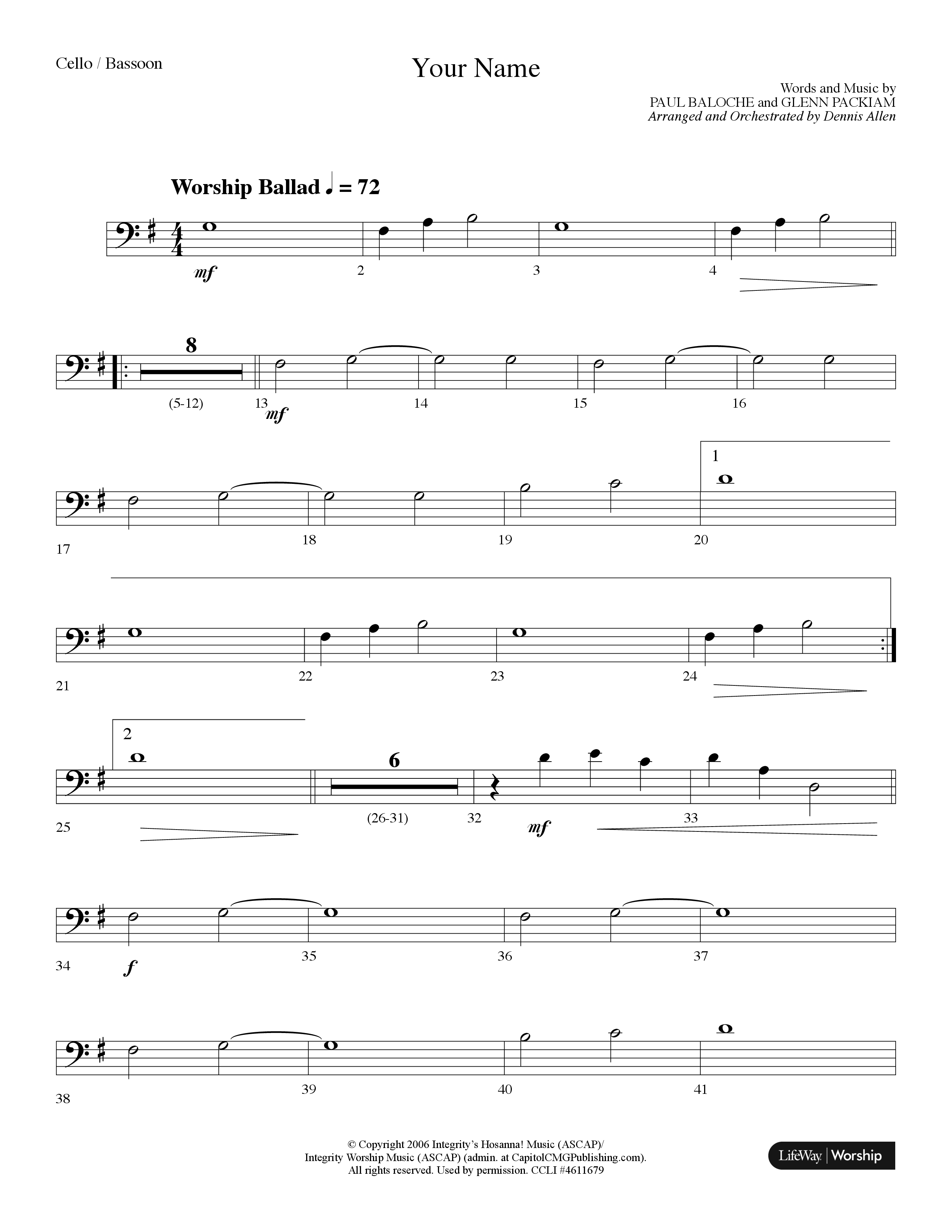 Your Name (Choral Anthem SATB) Cello (Lifeway Choral / Arr. Dennis Allen)
