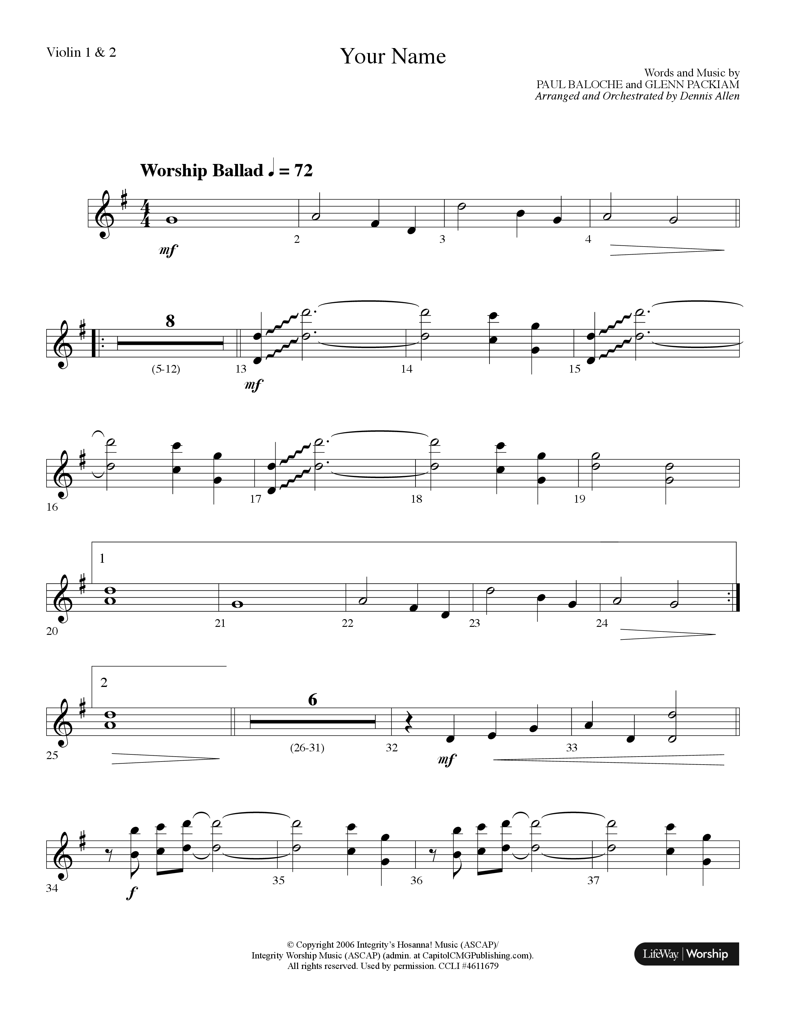 Your Name (Choral Anthem SATB) Violin 1/2 (Lifeway Choral / Arr. Dennis Allen)
