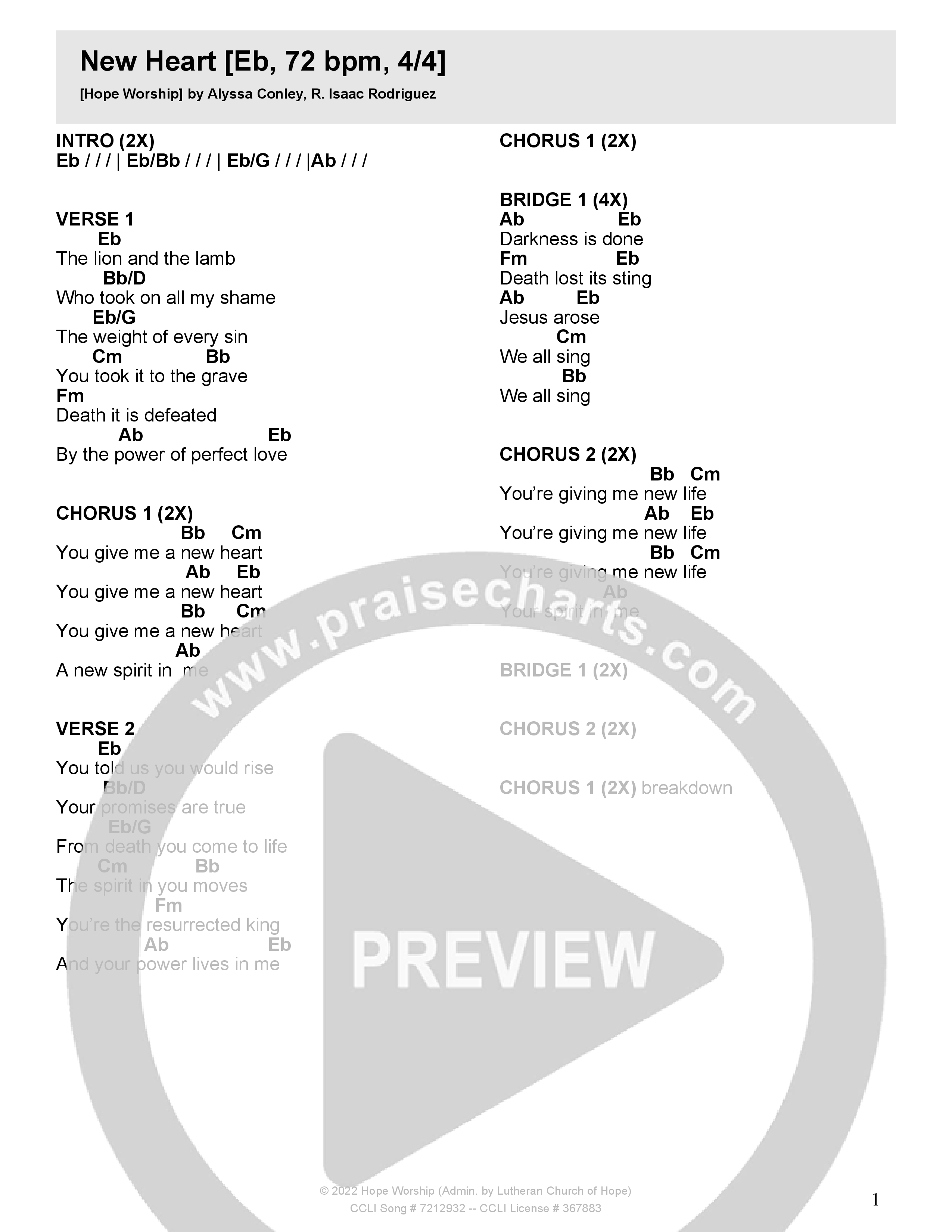 New Heart Chord Chart (Hope Worship)