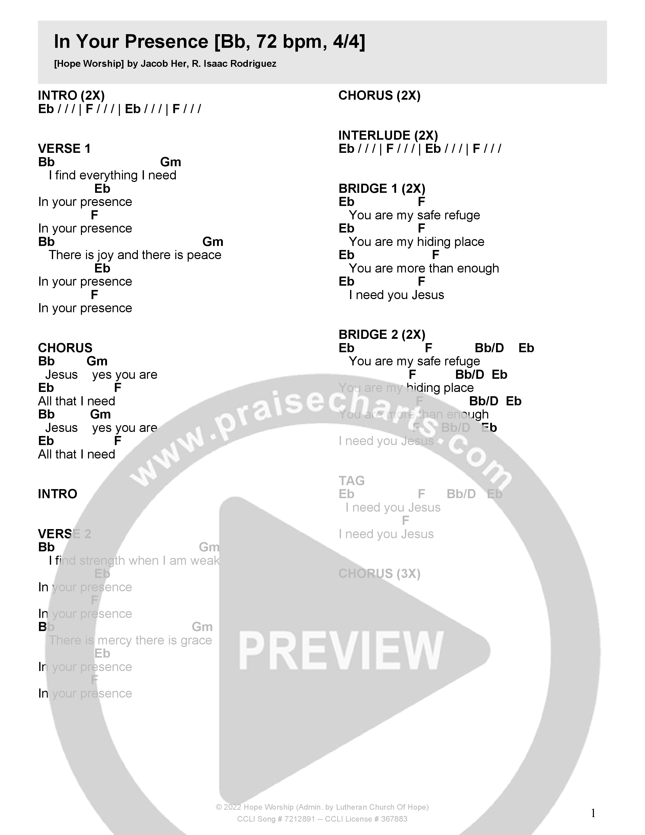 In Your Presence Chord Chart (Hope Worship)