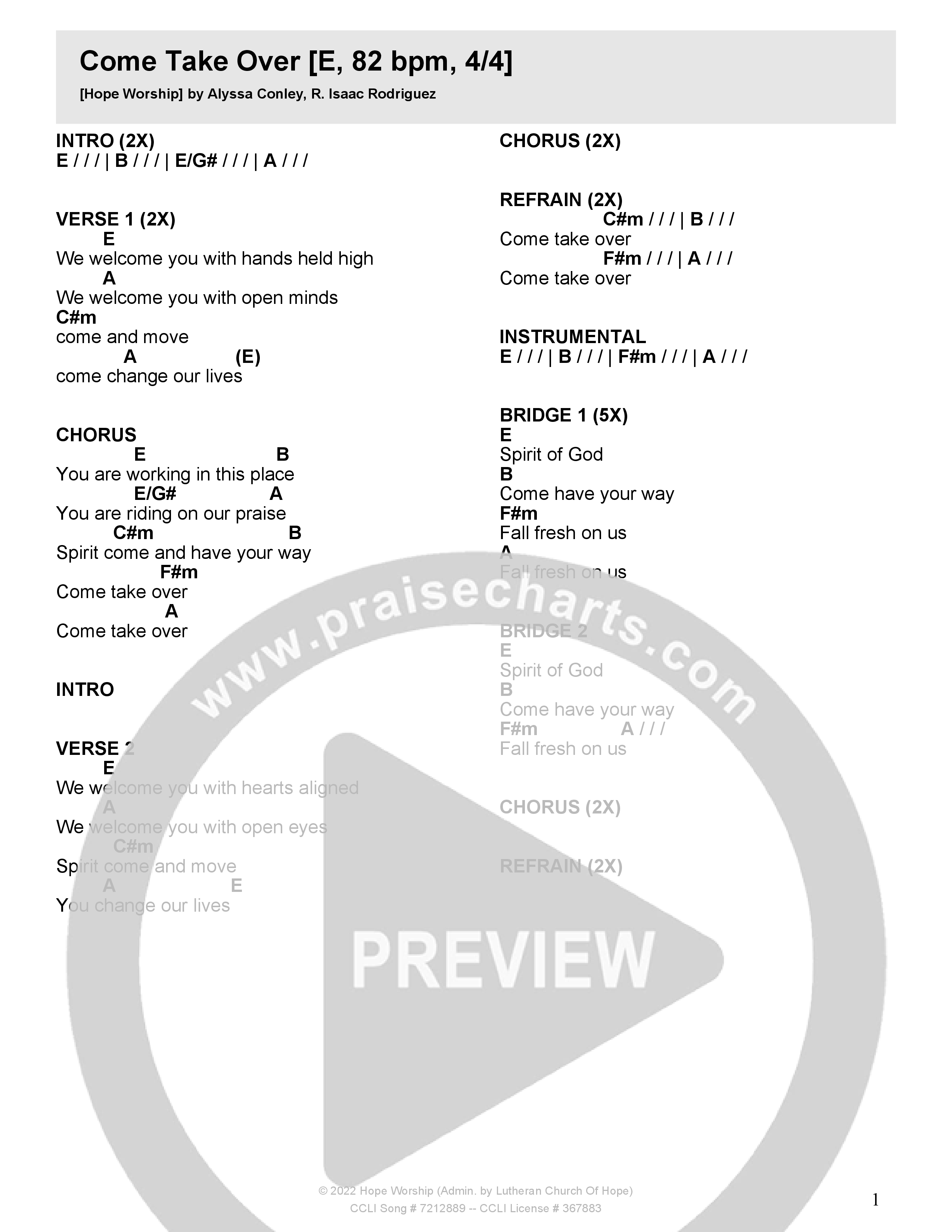 Come Take Over Chord Chart (Hope Worship)
