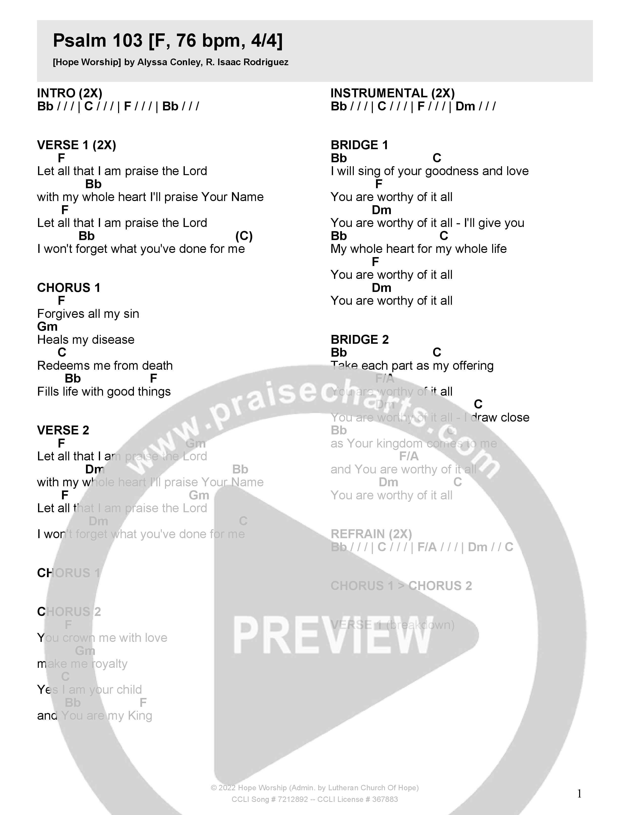 Psalm 103 Chord Chart (Hope Worship)