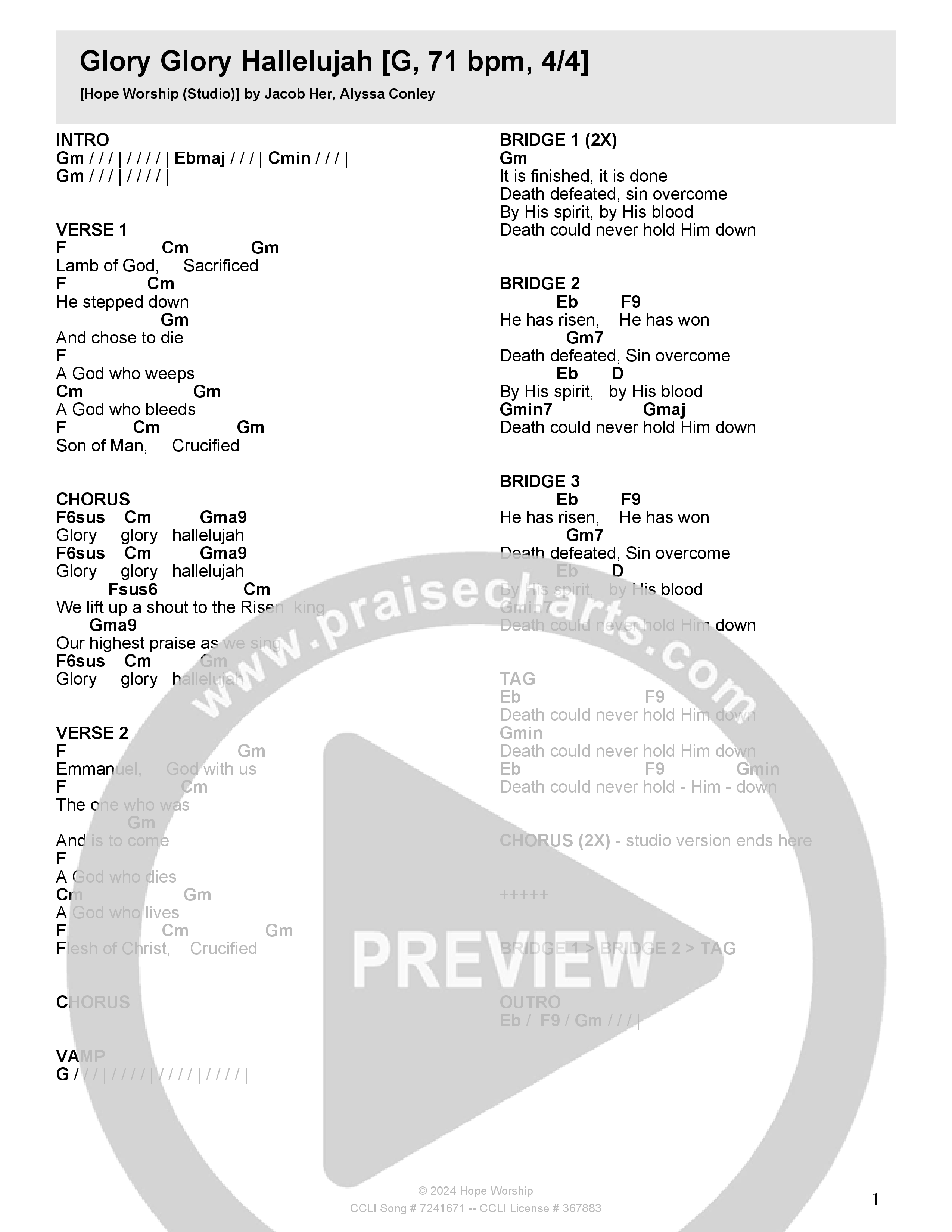 Glory Glory Hallelujah Chord Chart (Hope Worship)