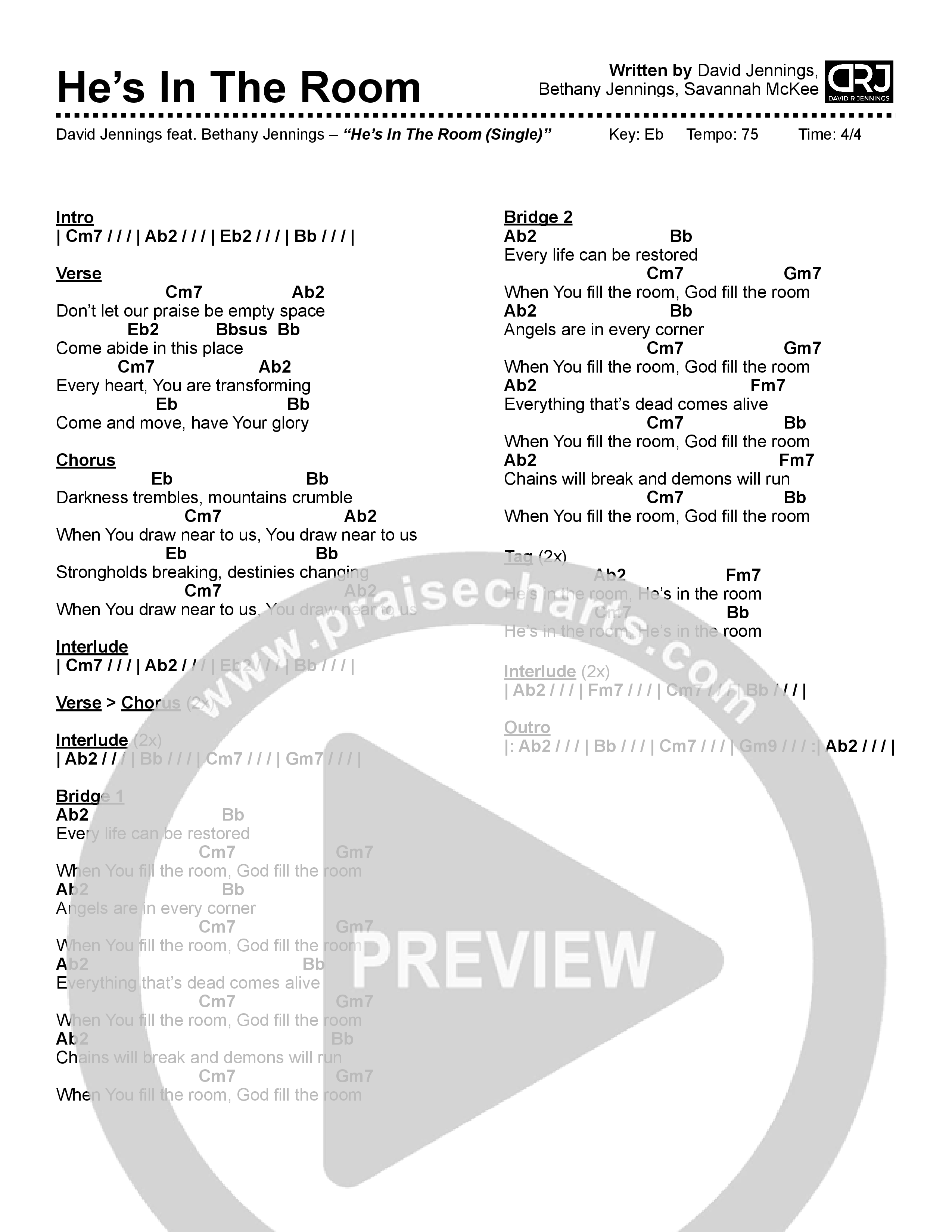 He's In the Room Chord Chart (David Jennings)