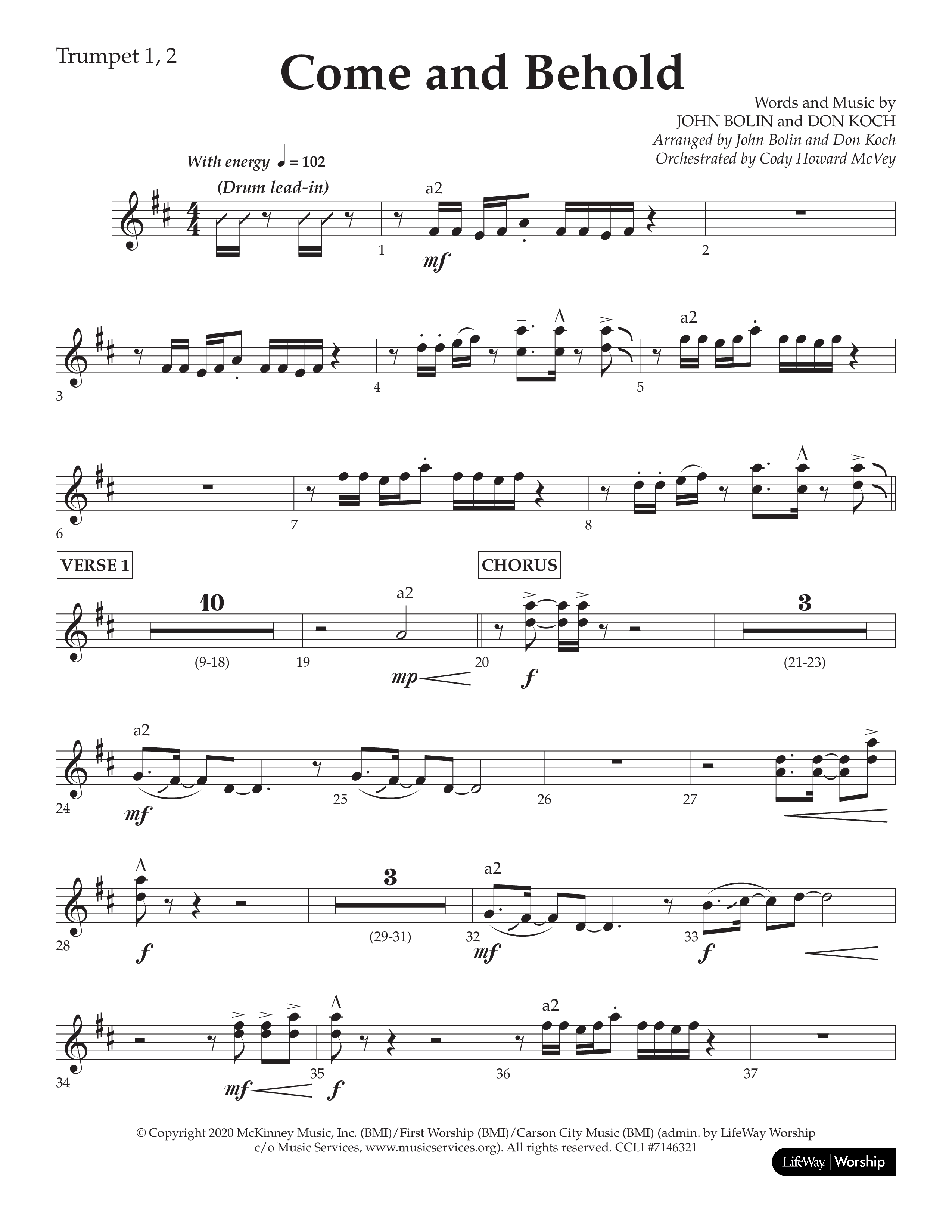 Come And Behold (Choral Anthem SATB) Trumpet 1,2 (Lifeway Choral / Arr. John Bolin / Arr. Don Koch)