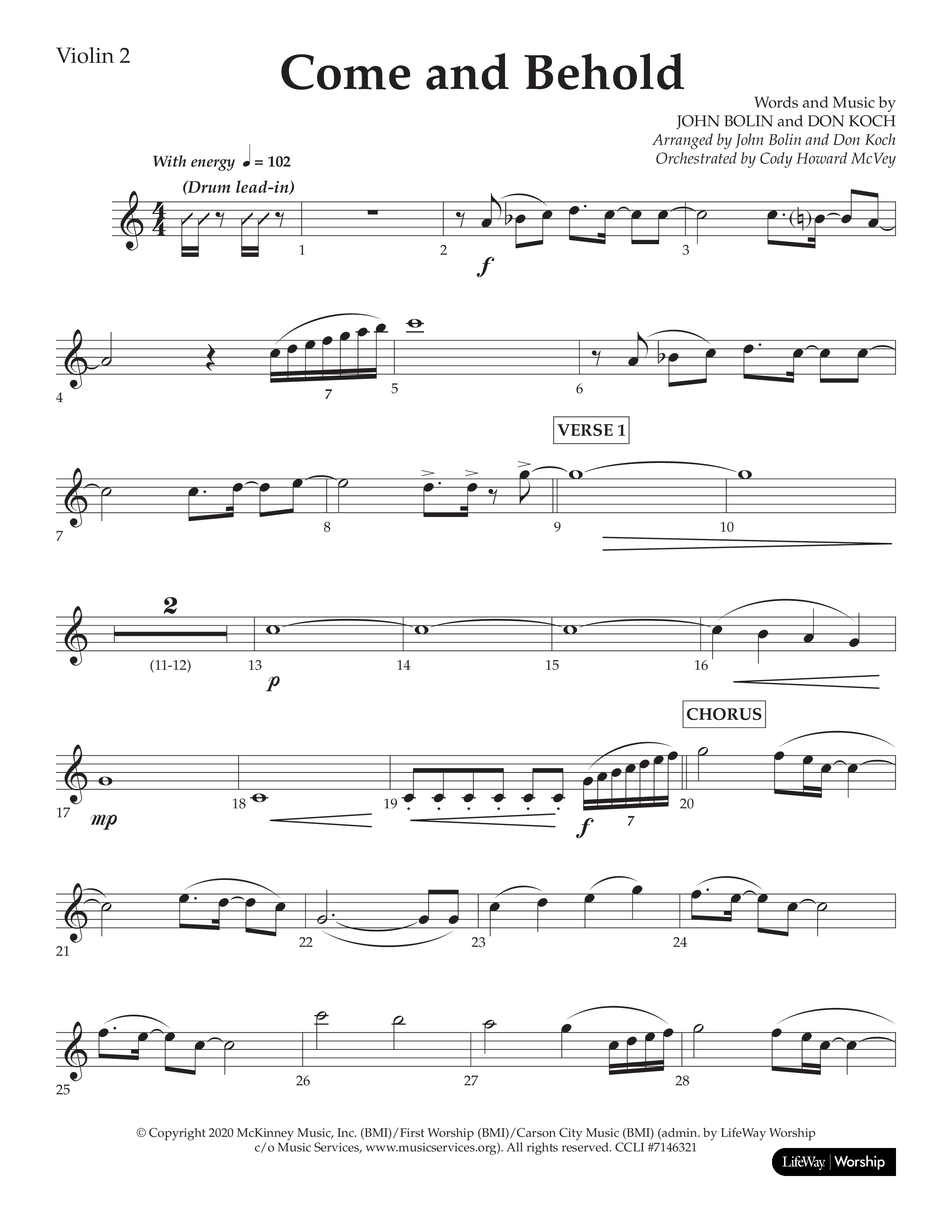 Come And Behold (Choral Anthem SATB) Violin 2 (Lifeway Choral / Arr. John Bolin / Arr. Don Koch)