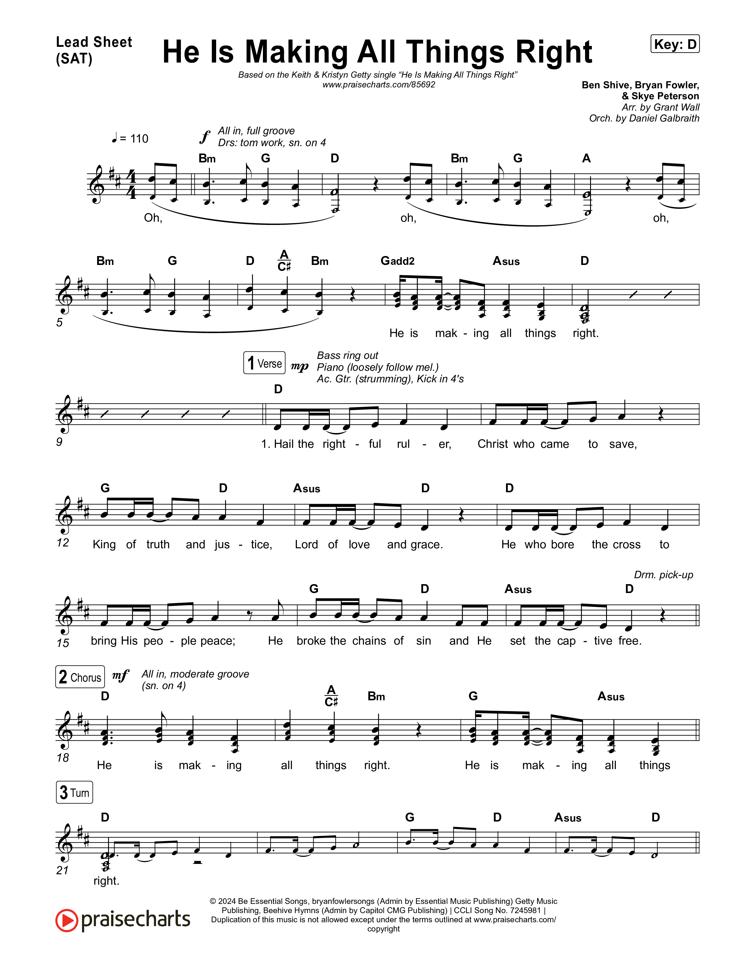He Is Making All Things Right (Live) Lead Sheet (SAT) (Keith & Kristyn Getty / Bryan Fowler / Ben Shive / Skye Peterson / Sing!)